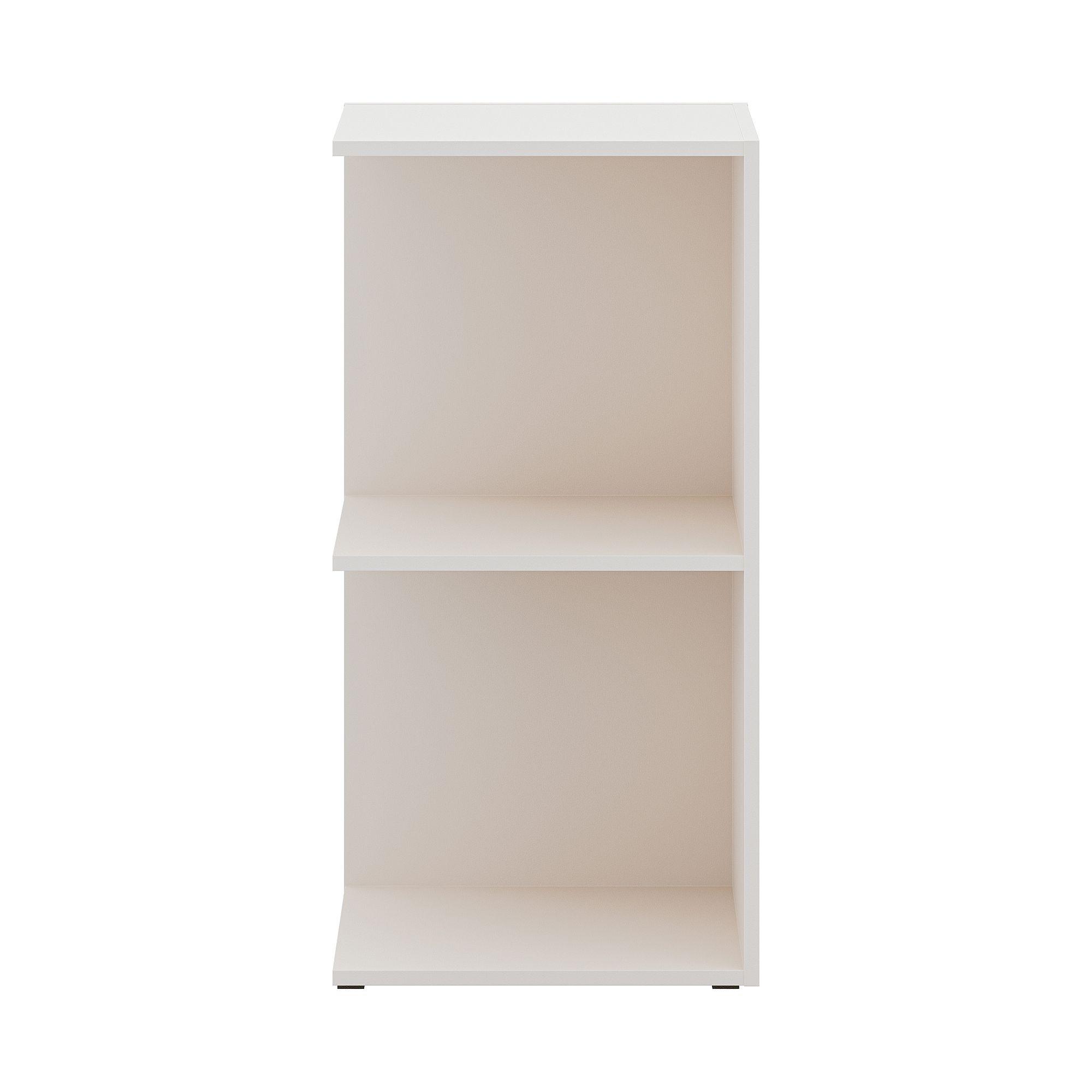 White two-shelf bookcase viewed from the front, empty and against a white background.