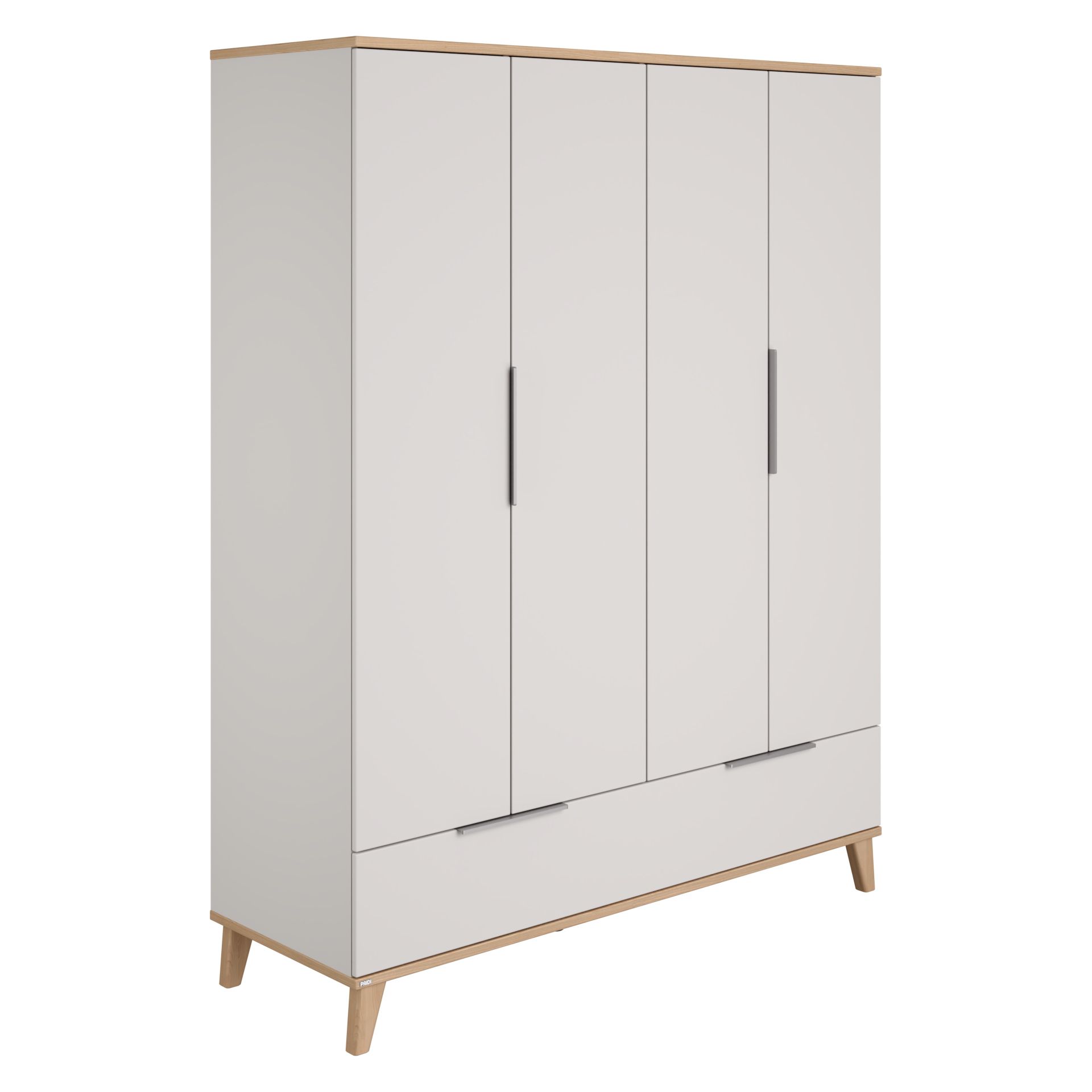White four-door wardrobe with wood accents and angled legs.