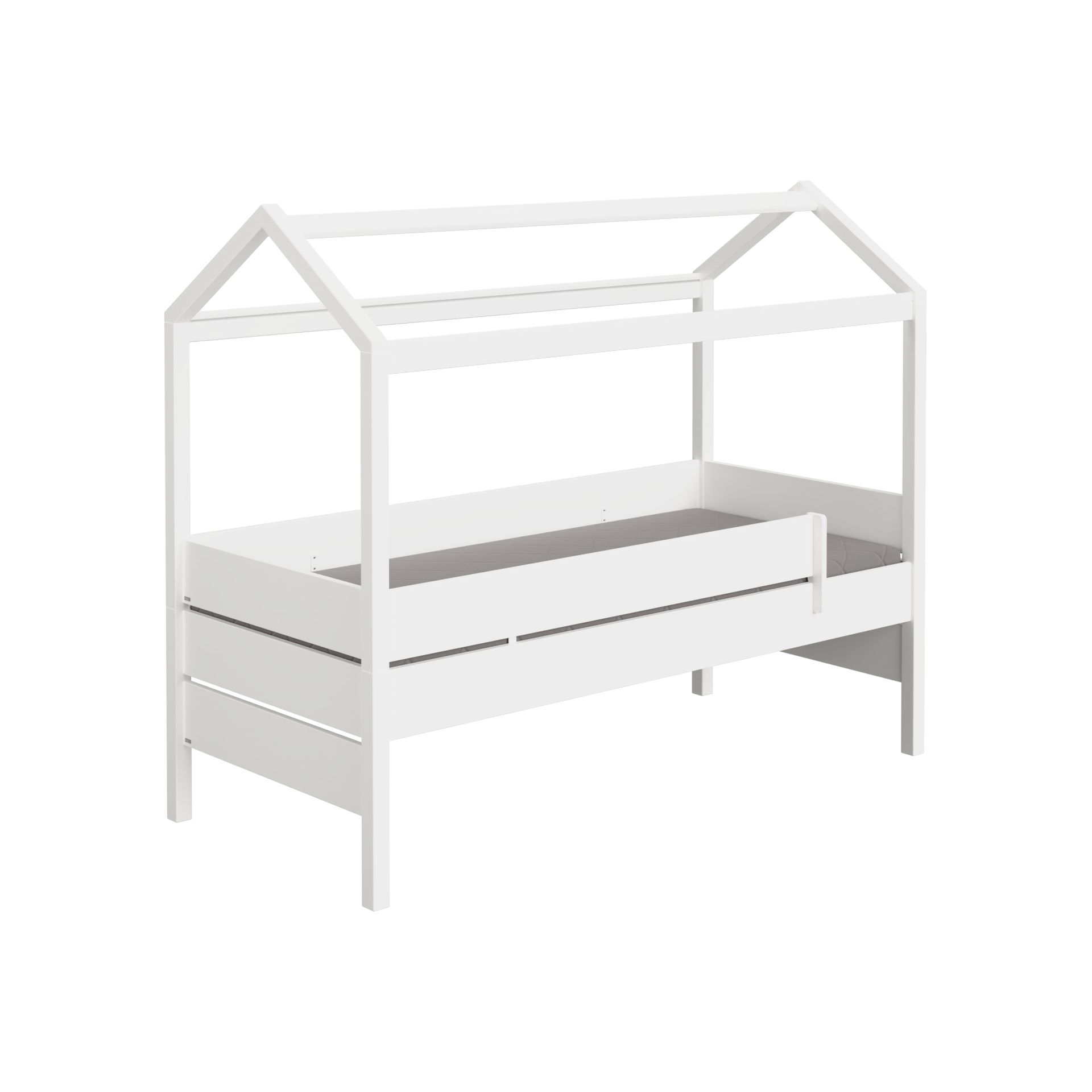 Weißer Kinderbettrahmen aus Holz in Form eines Hauses mit Geländer.