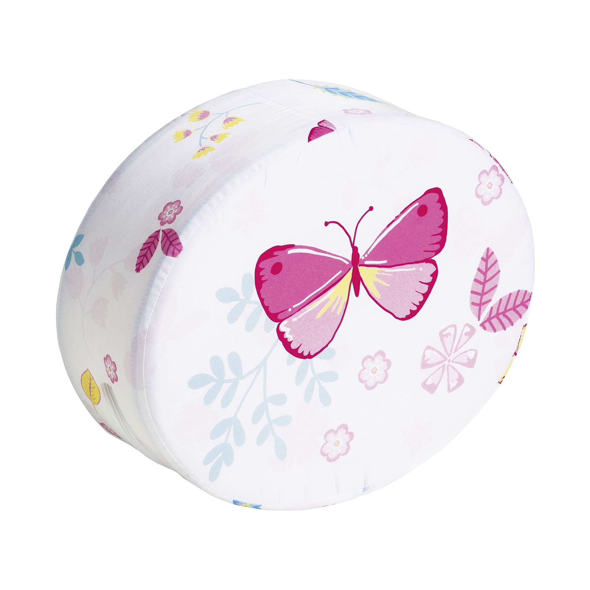 Steckkissen Baumwolle, Motiv "Schmetterling", 35 x 28 x 12 cm, Just be yourself White pillow with pink butterfly and floral patterns on the cover.