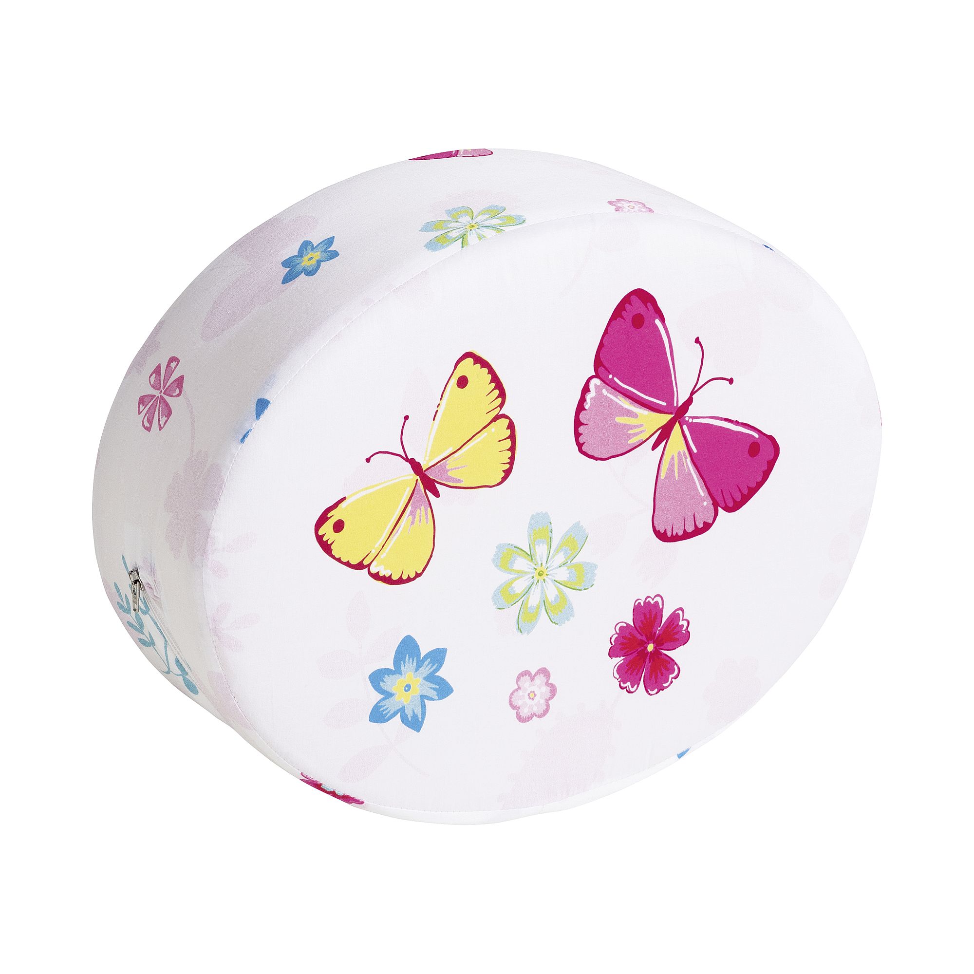 Steckkissen Baumwolle, Motiv "Schmetterling", 35 x 28 x 12 cm, Schmetterlingpaar White oval pillow with colorful butterflies and flowers printed on the surface.