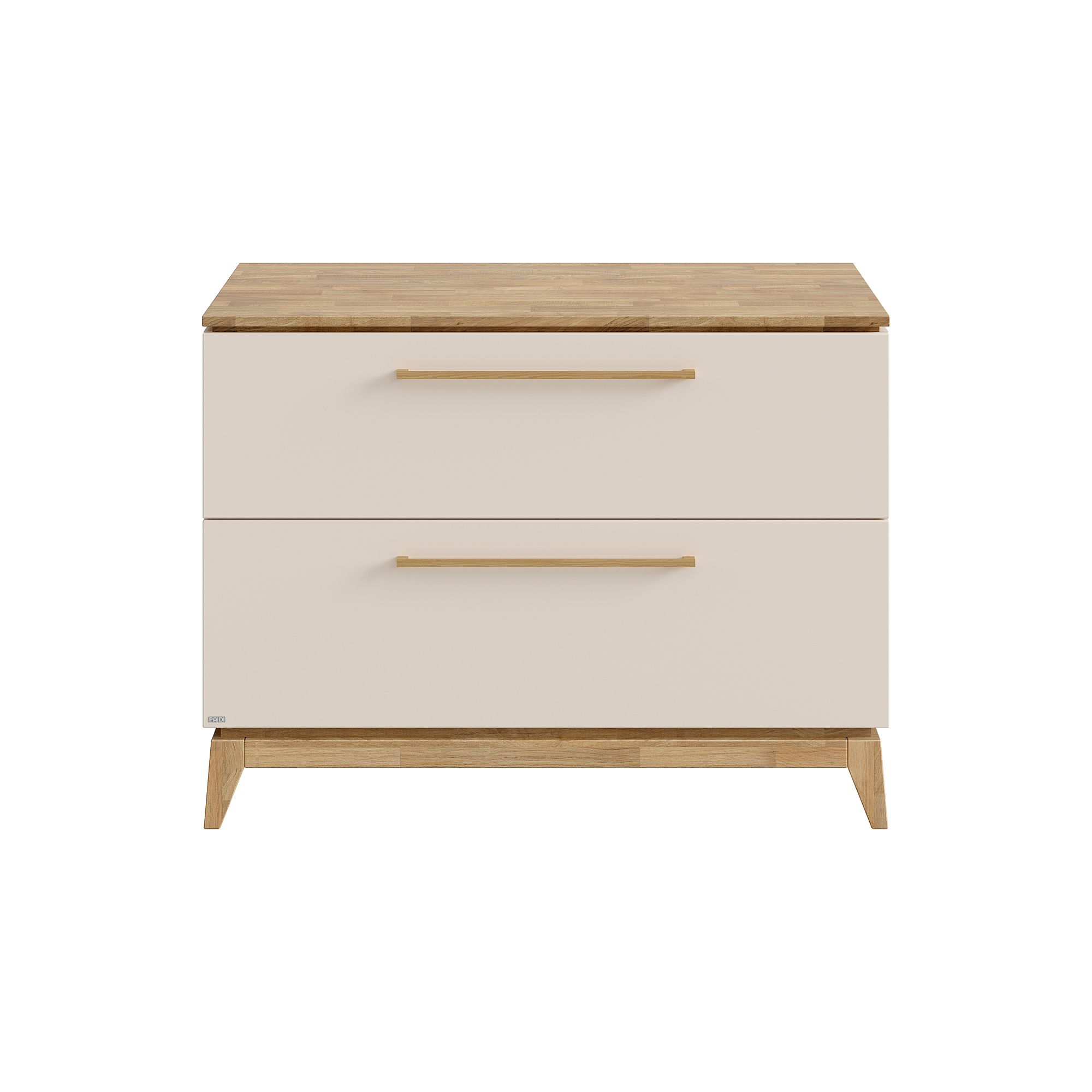 Moderner Nachttisch mit zwei Schubladen, Holzbeinen und beiger Front auf weißem Hintergrund.