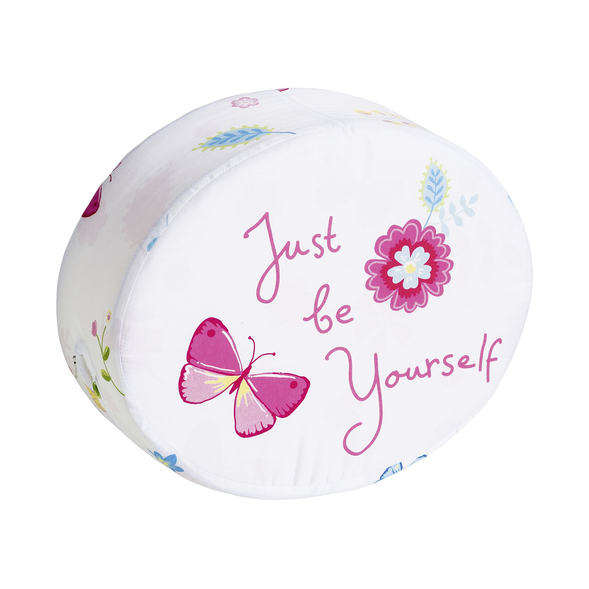 Steckkissen Baumwolle, Motiv "Schmetterling", 35 x 28 x 12 cm, Just be yourself Round pillow with a butterfly, flowers, and the text Just be Yourself.