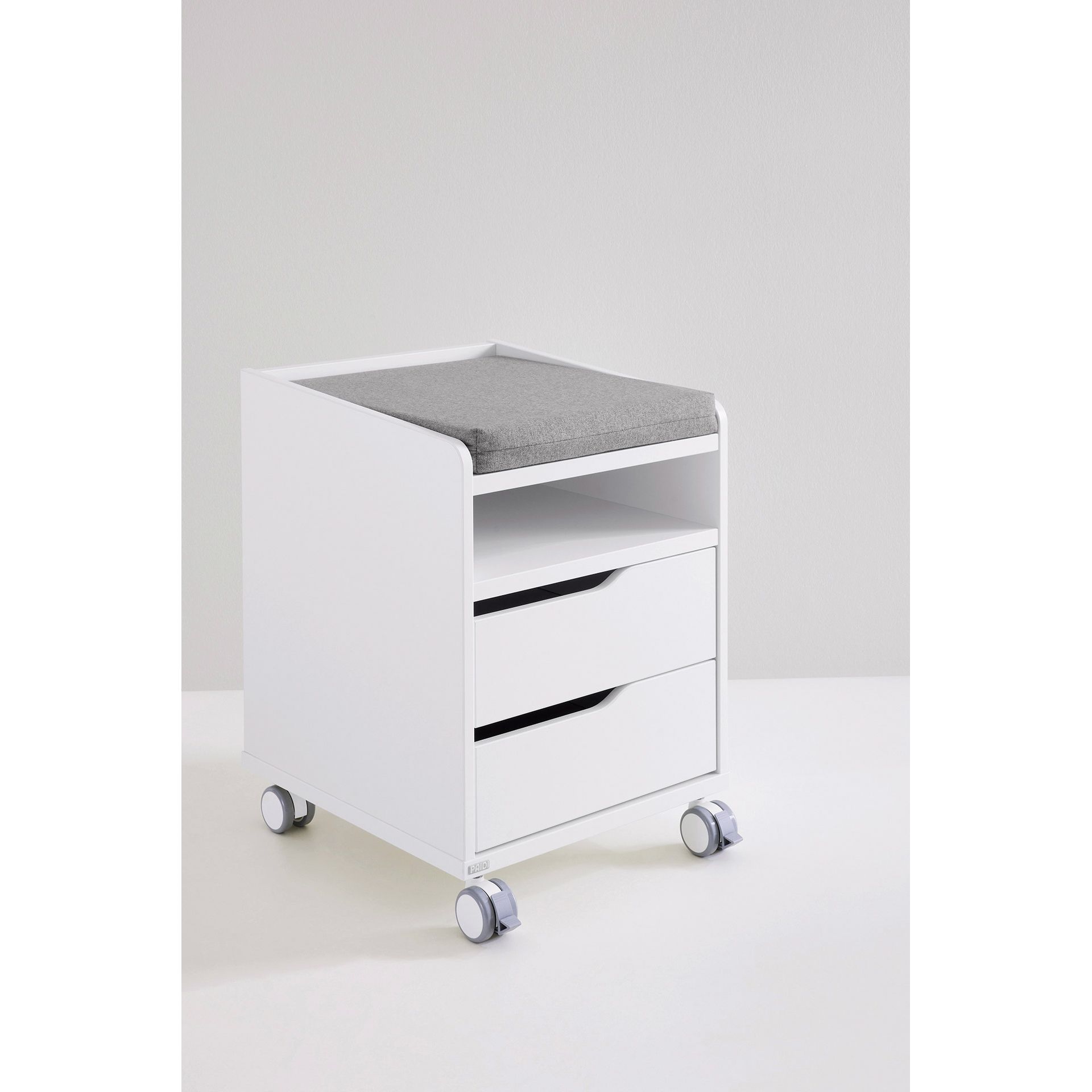 White rolling storage cart with two drawers and a gray cushioned top.