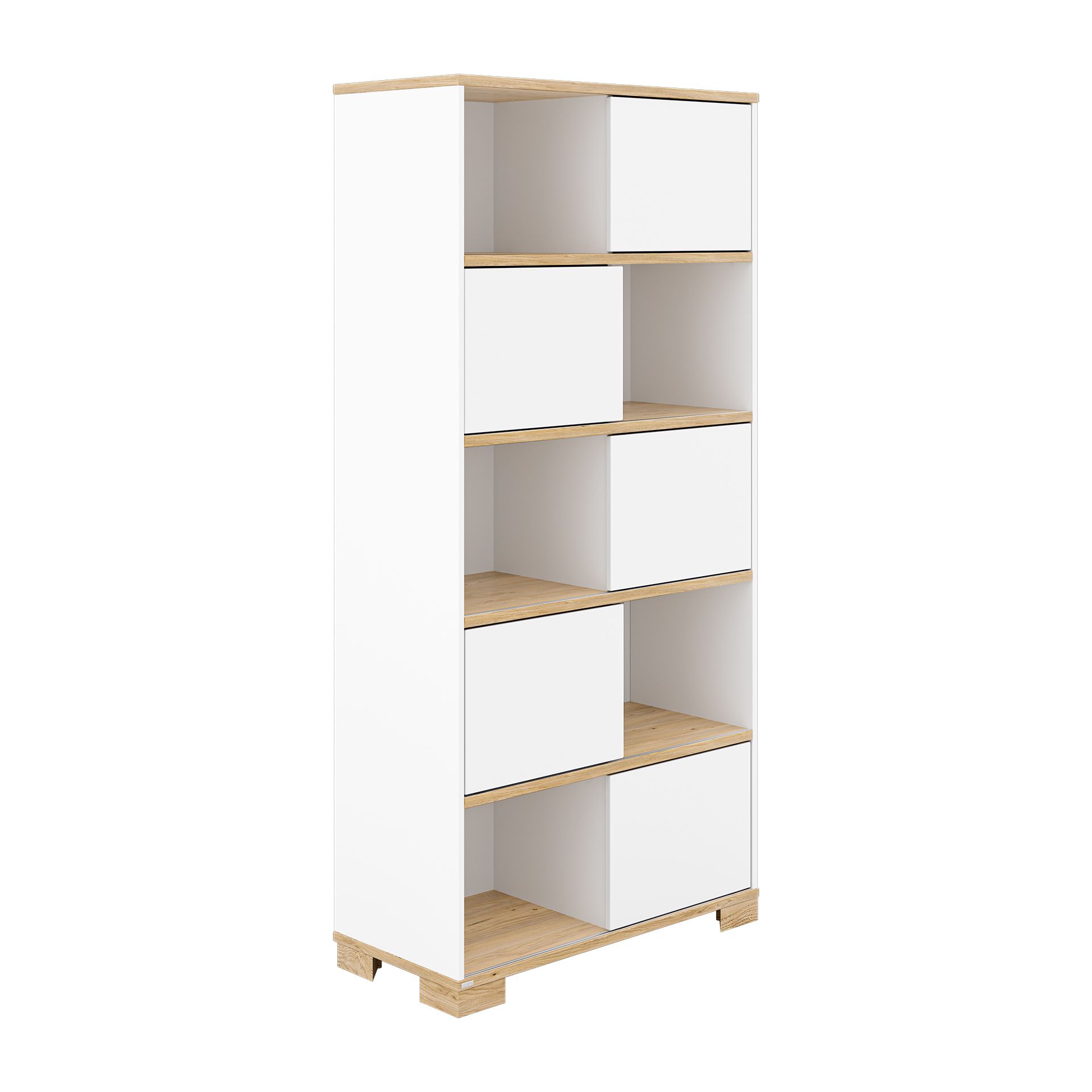 A white and wood bookshelf with five shelves and alternating closed sections.