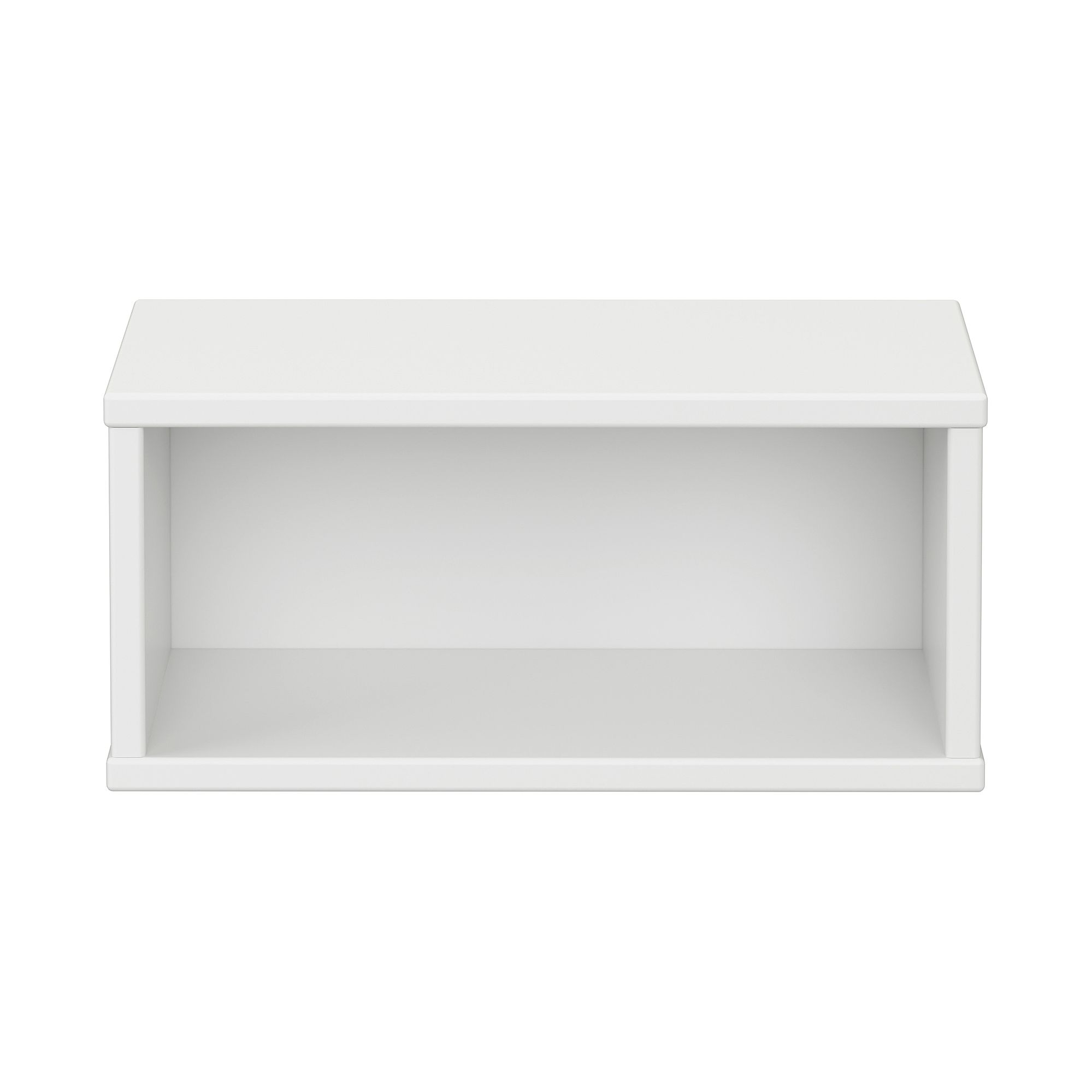 White rectangular open shelf viewed from the front against a plain background.