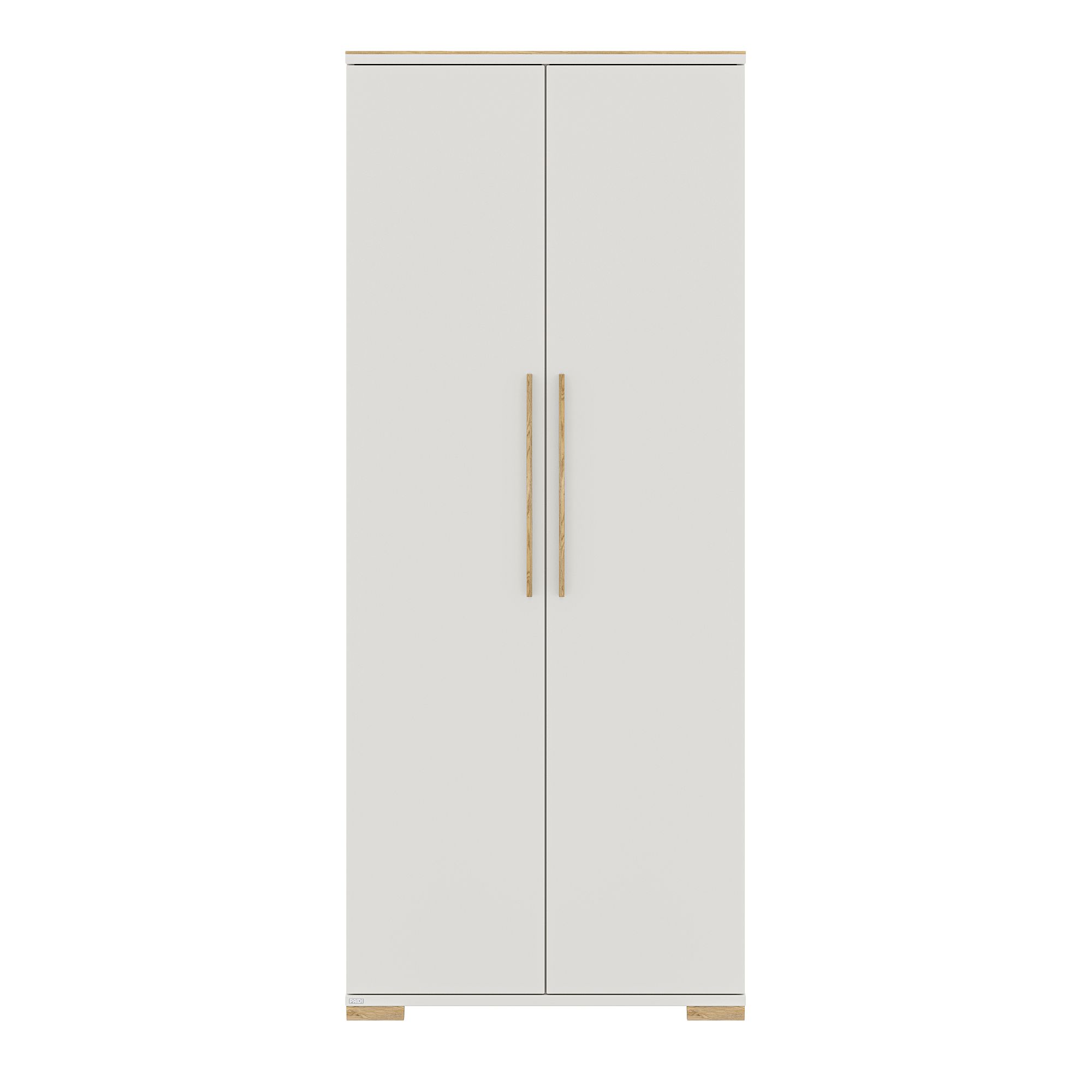 Weißer Kleiderschrank mit Doppeltüren und Holzgriffen, Vorderansicht.