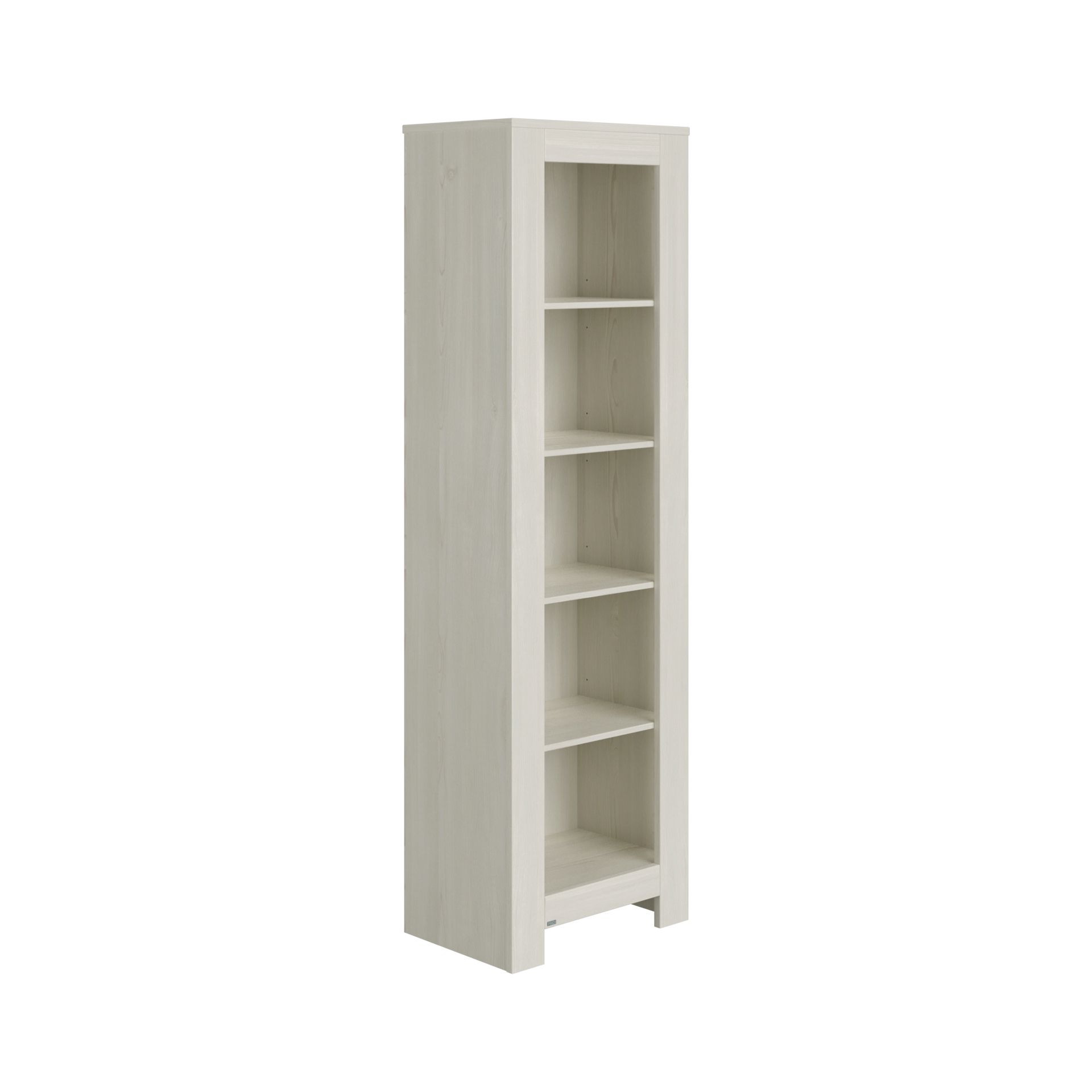 Hohes Bücherregal aus hellem Holz mit fünf offenen Fächern, schräg dargestellt.