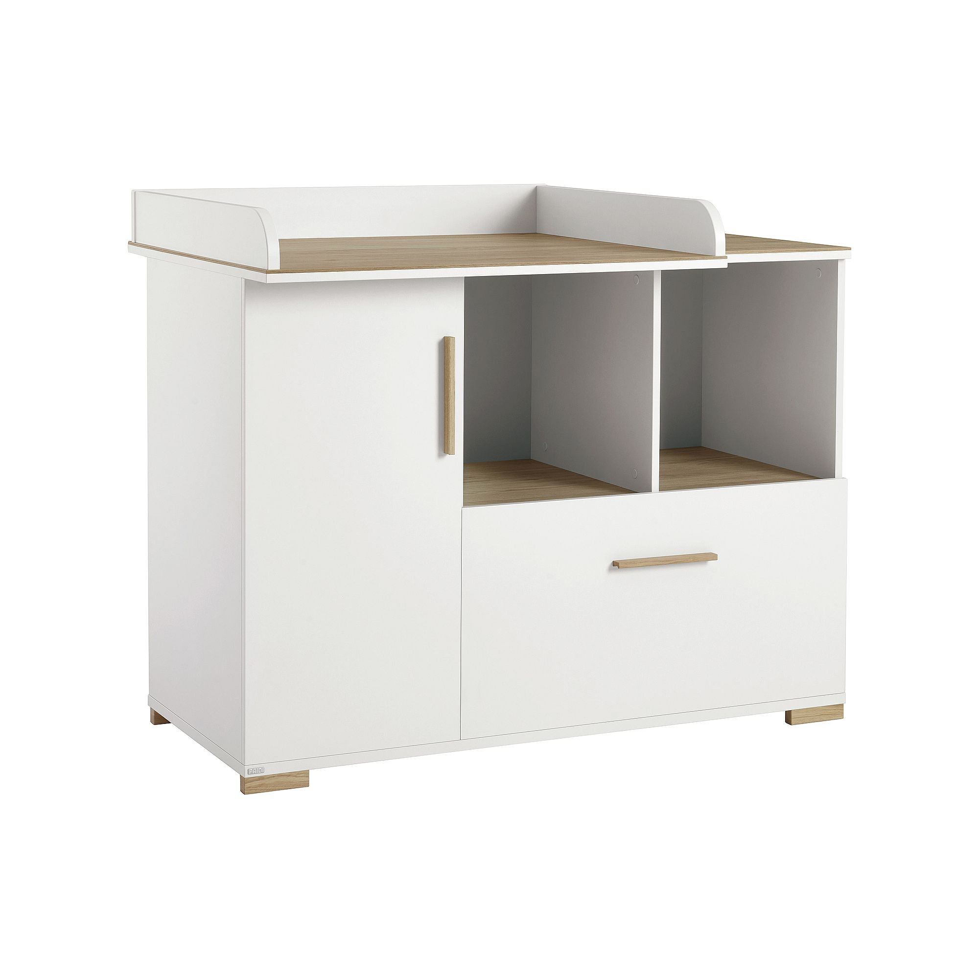 Weißer Wickeltisch aus Holz mit offenen Regalen, einem Schrank und einer Schublade.