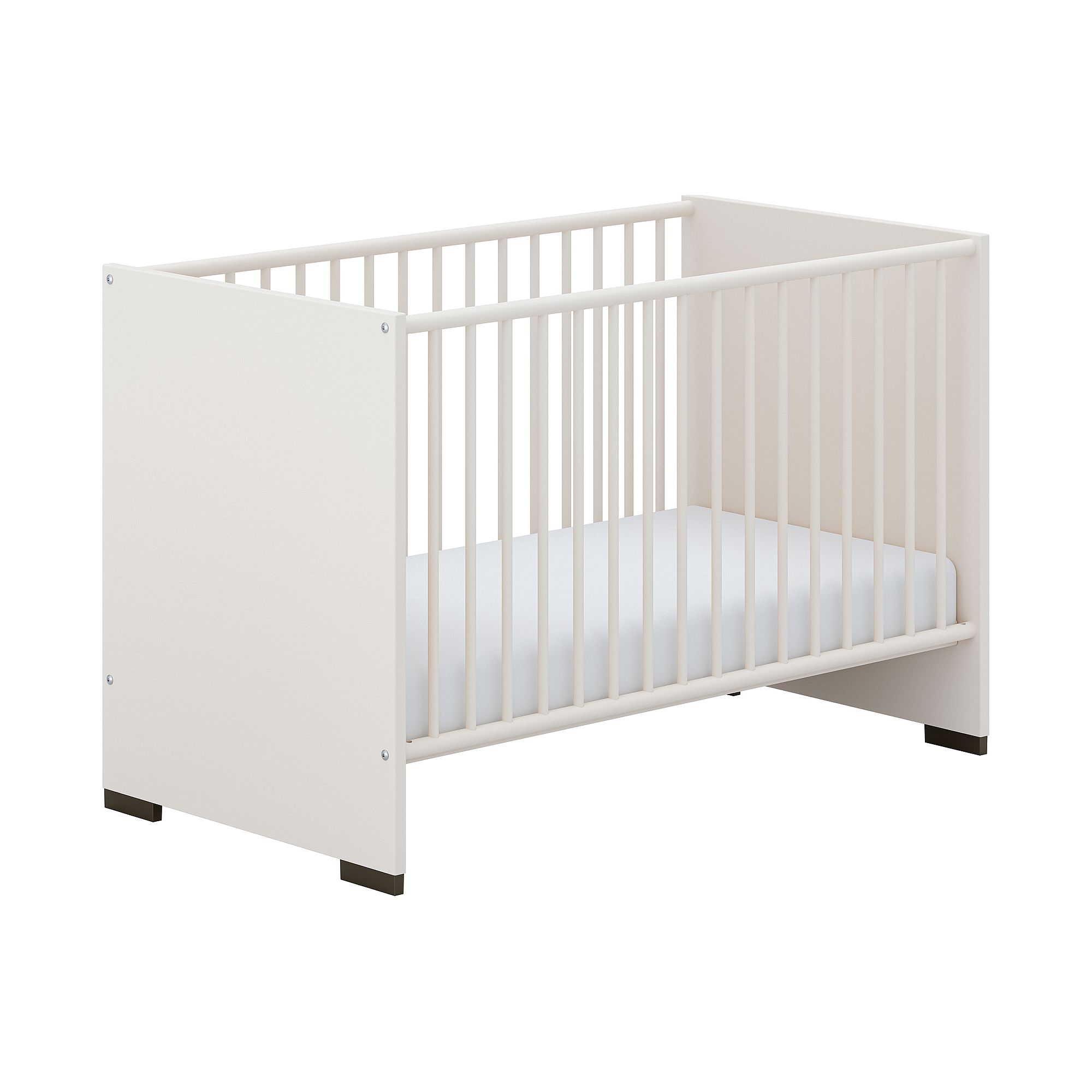 White baby crib with slatted sides and a mattress on a white background.
