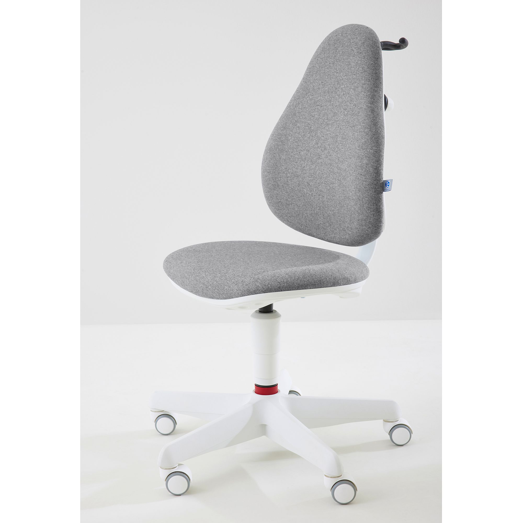 Modern gray office chair with white base and five wheels, side view.