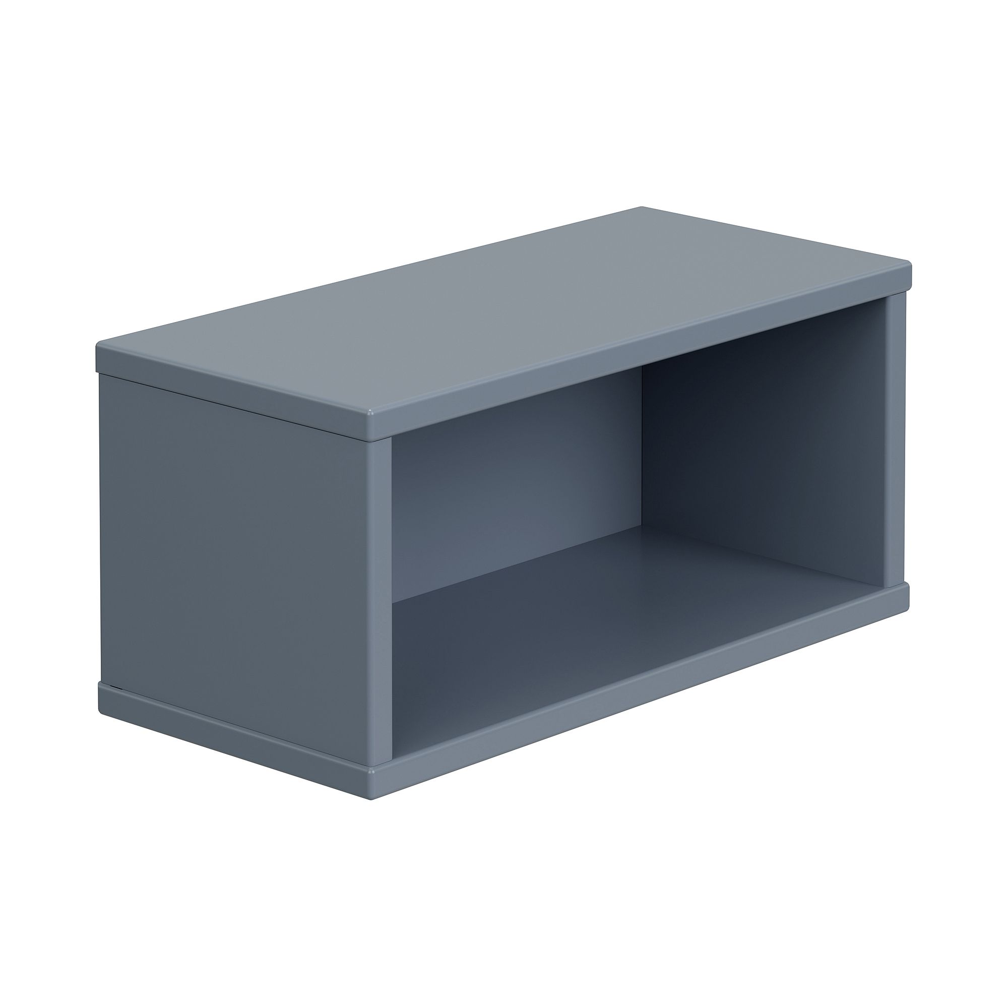 A gray rectangular open shelf box on a white background.