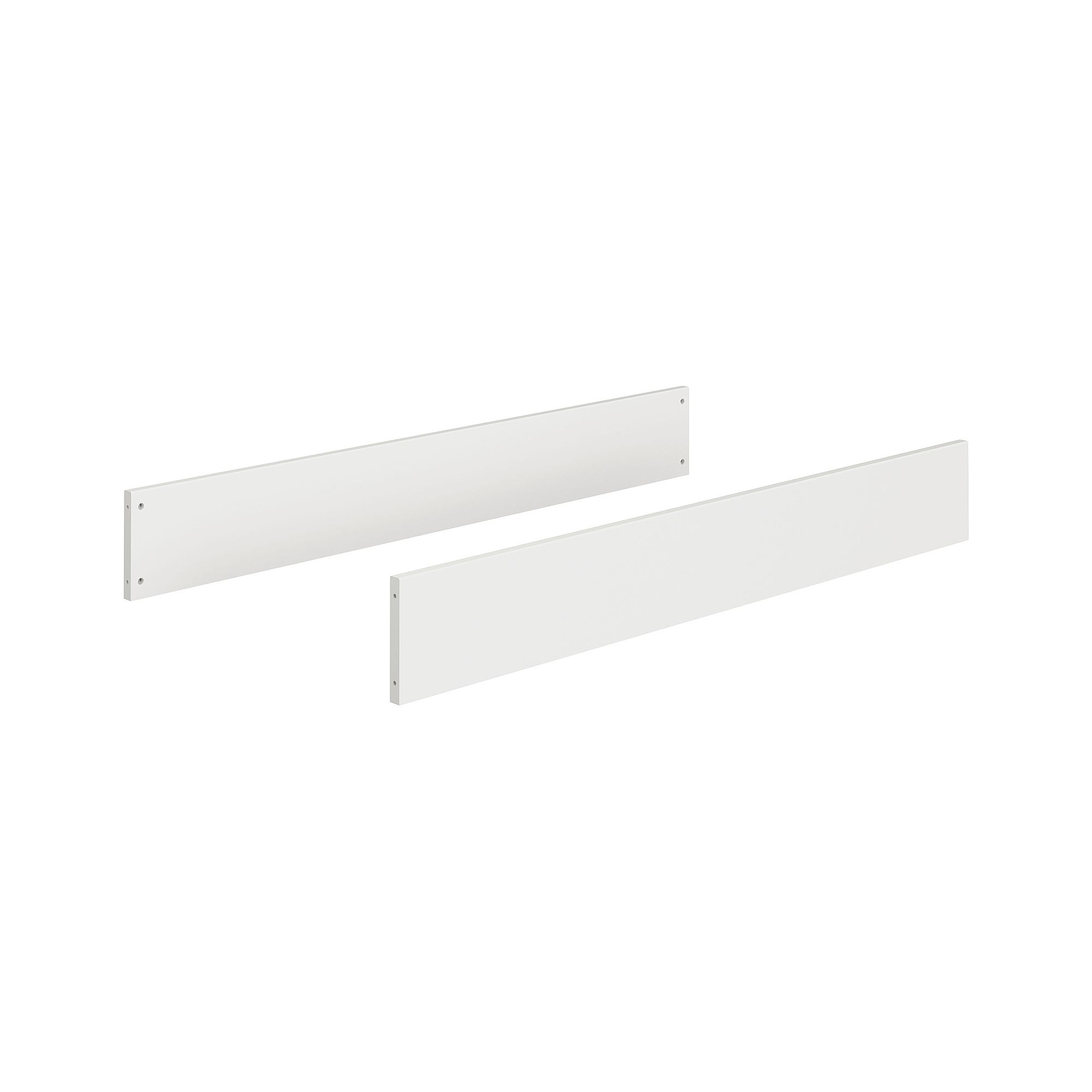 Umbauseiten Felie für den Umbau des Babybettes in 70 x 140 cm Zwei weiße, rechteckige Metallplatten mit vorgebohrten Löchern an beiden Enden.