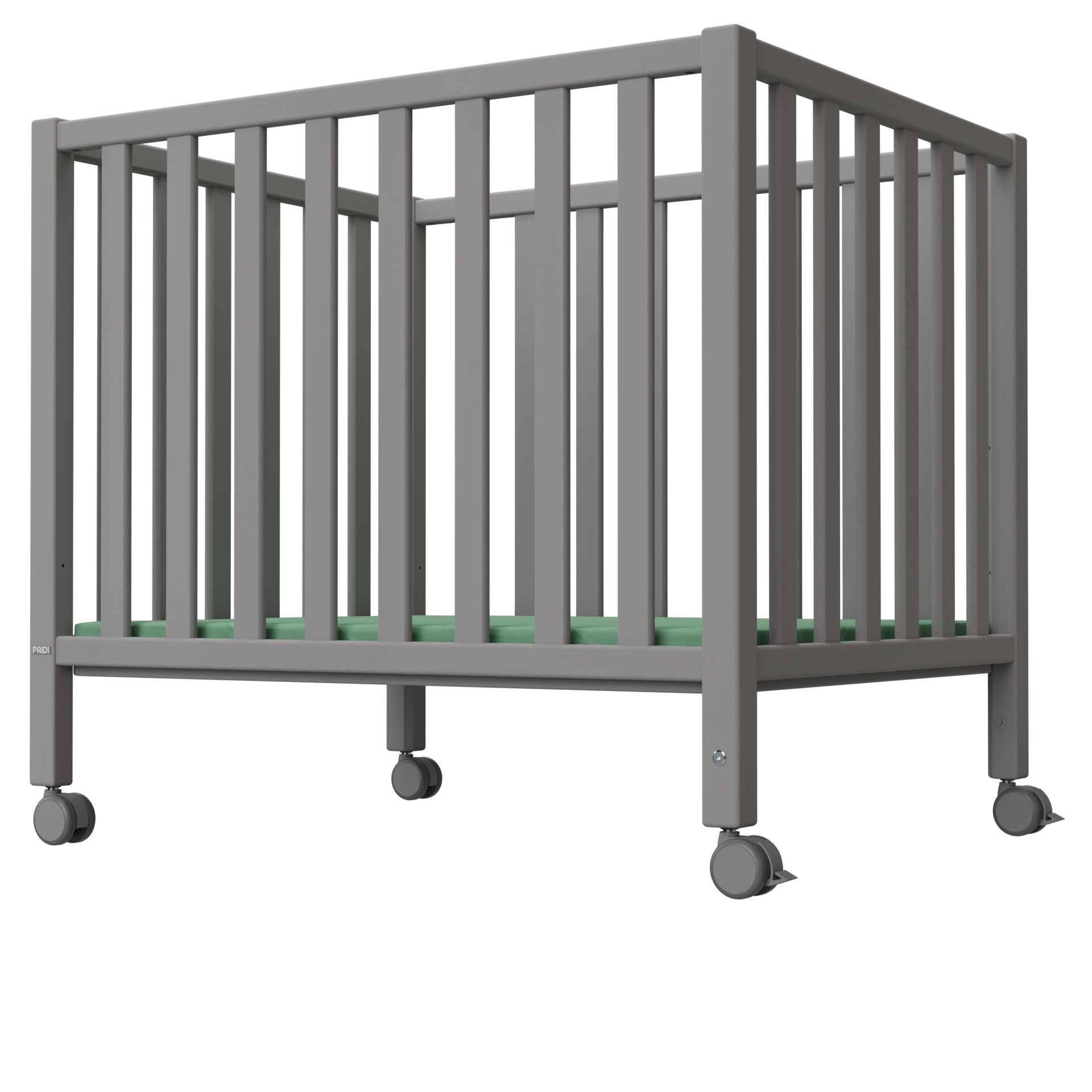 Rollen Scotty 4er-Set für Laufgitter Graues Babybett mit Rädern und grüner Matratze, dargestellt auf weißem Hintergrund.