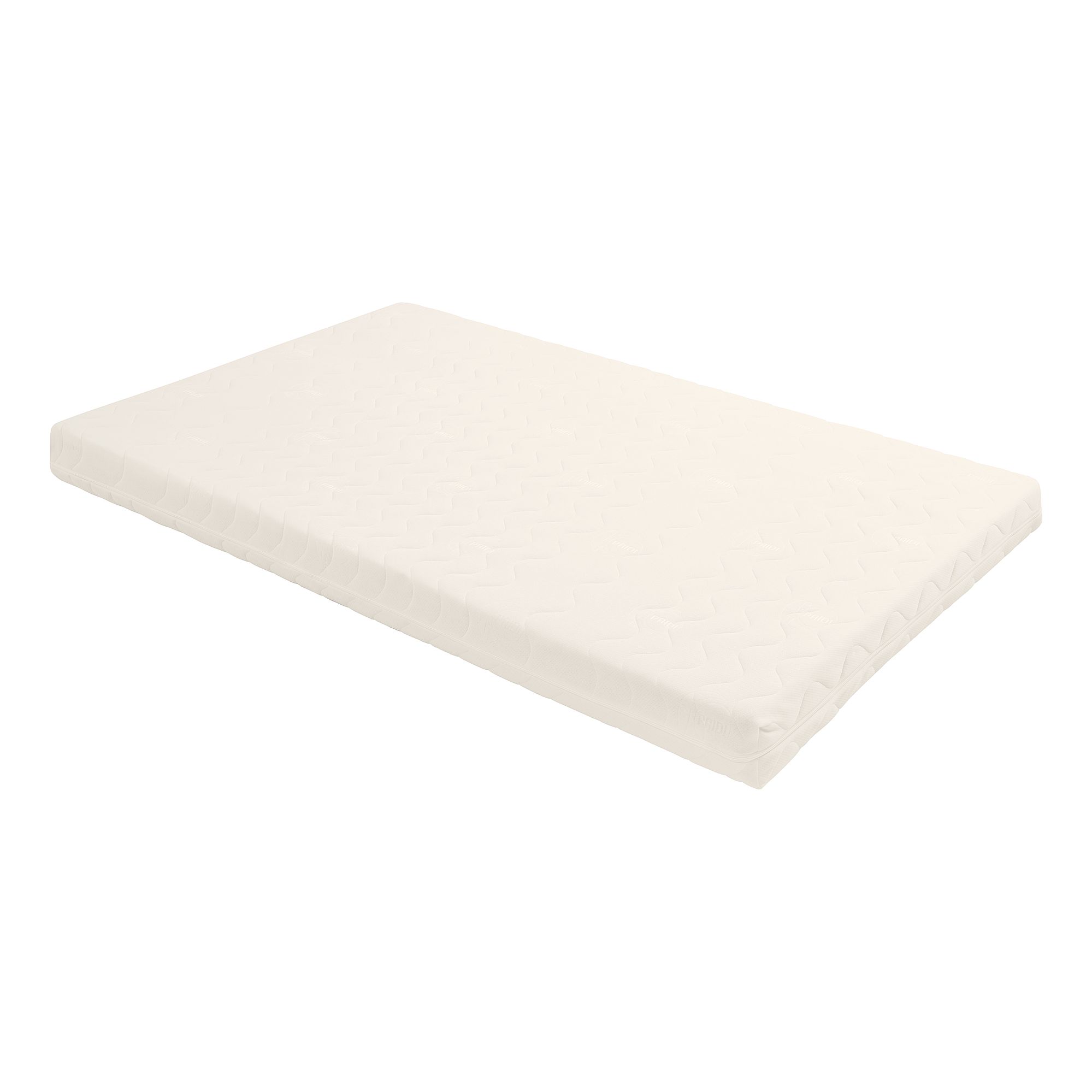A plain, rectangular, white mattress on a white background.