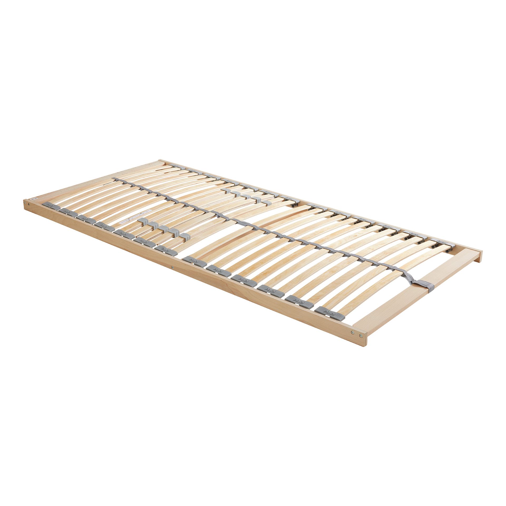 Wooden slatted bed base with light-colored frame, viewed from an angle.