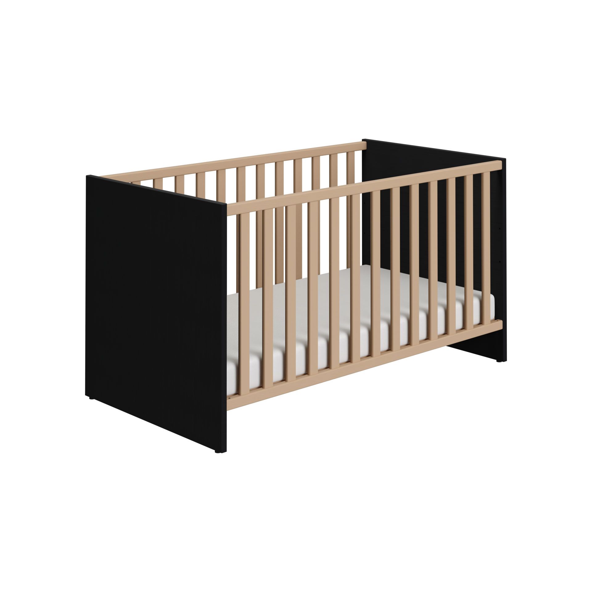 Ein modernes Babybett aus Holz mit schwarzen Seiten und einer weißen Matratze.