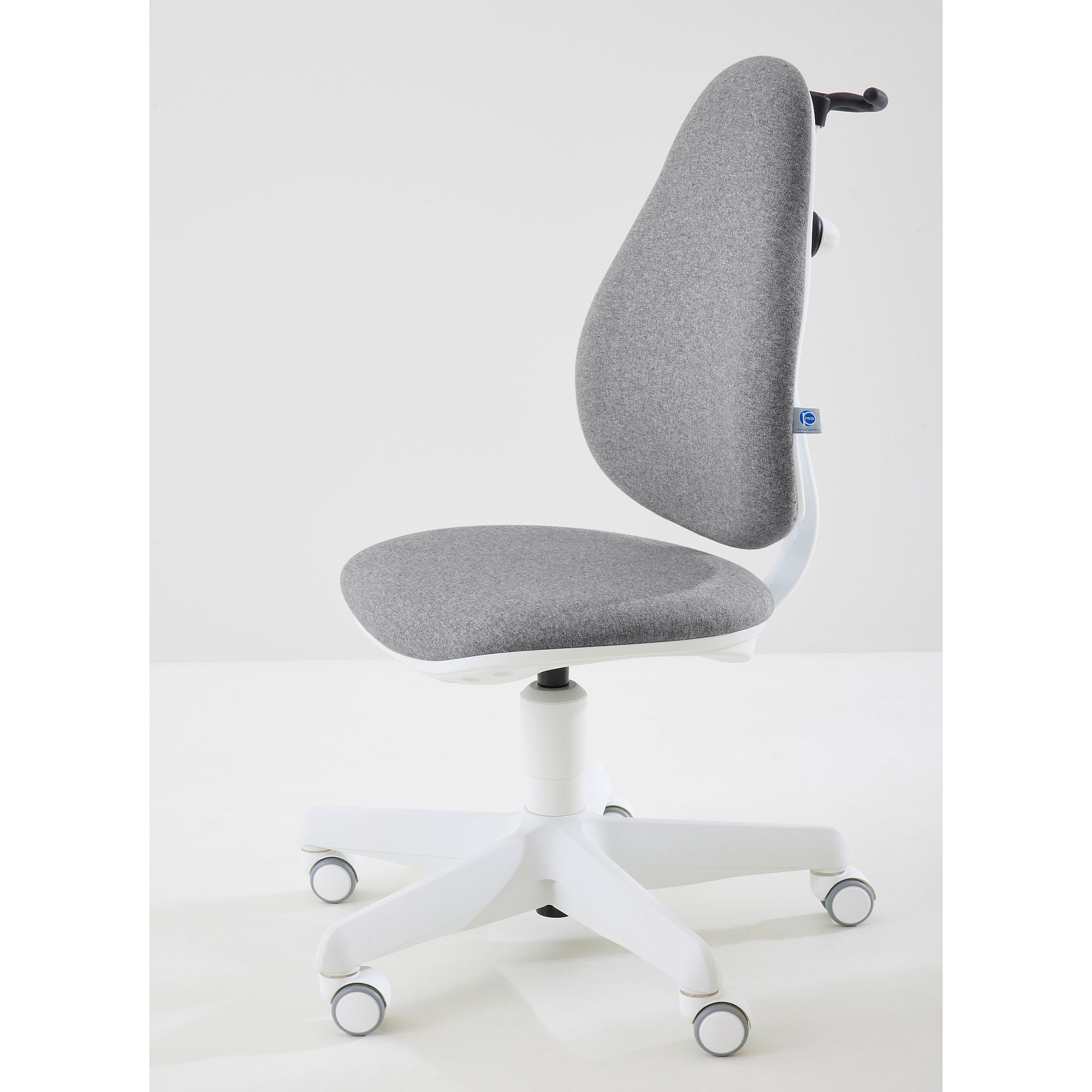 Modern gray office chair with white frame and wheels, shown in side view.
