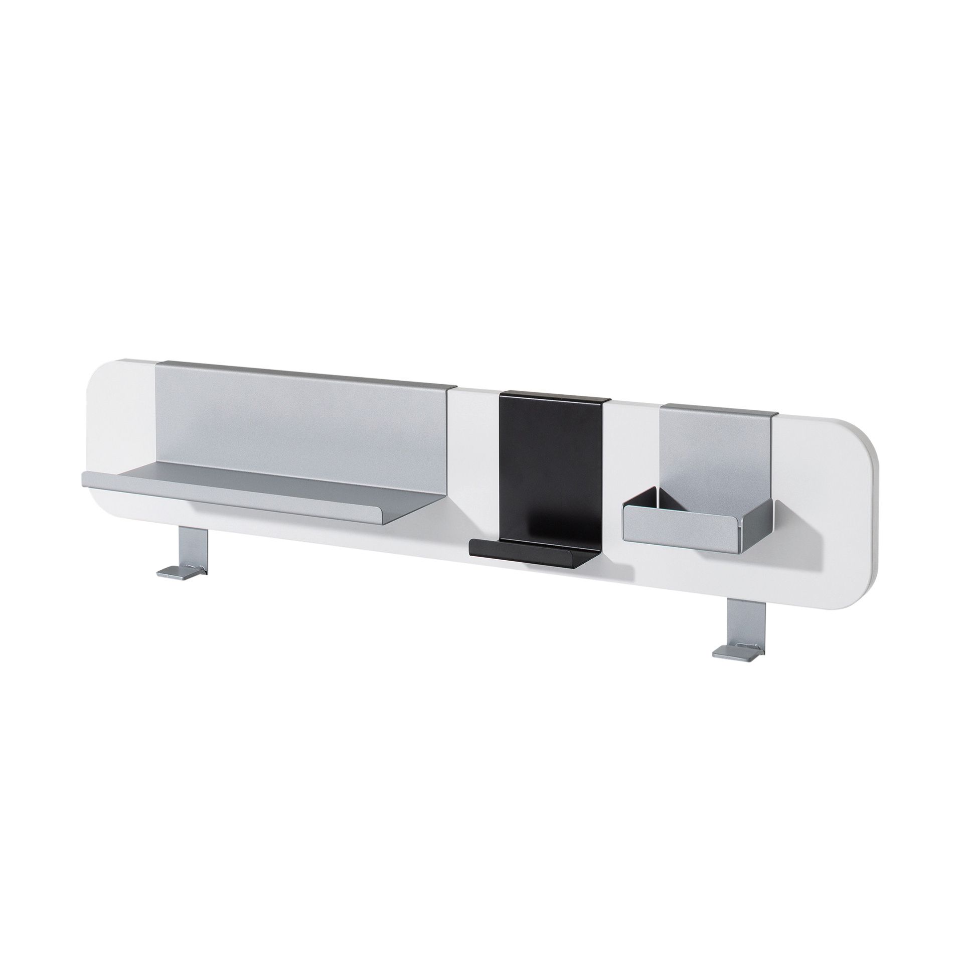 Minimalist white wall shelf with silver and black compartments and hooks.