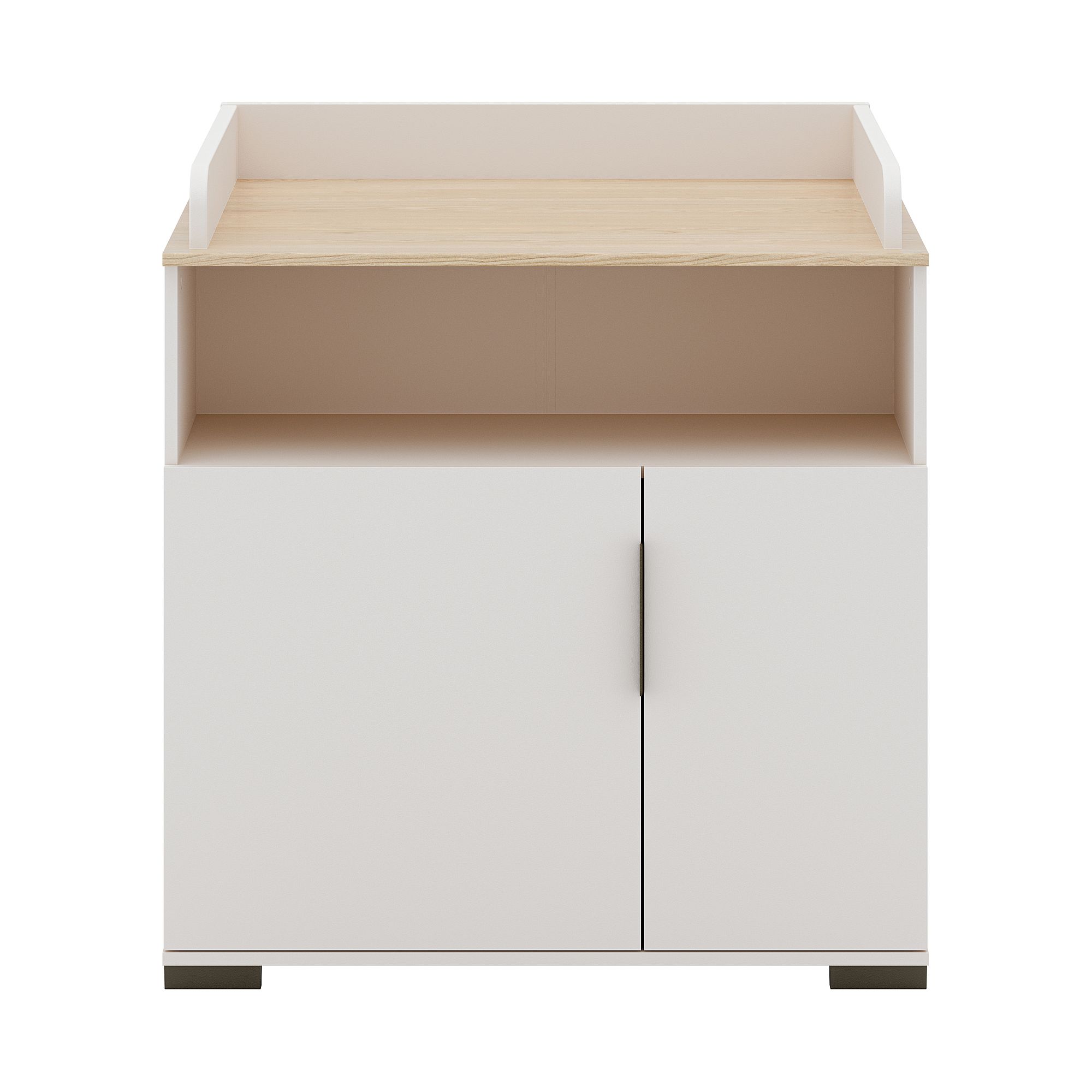 A small white cabinet with two doors and a light wood open shelf on top.