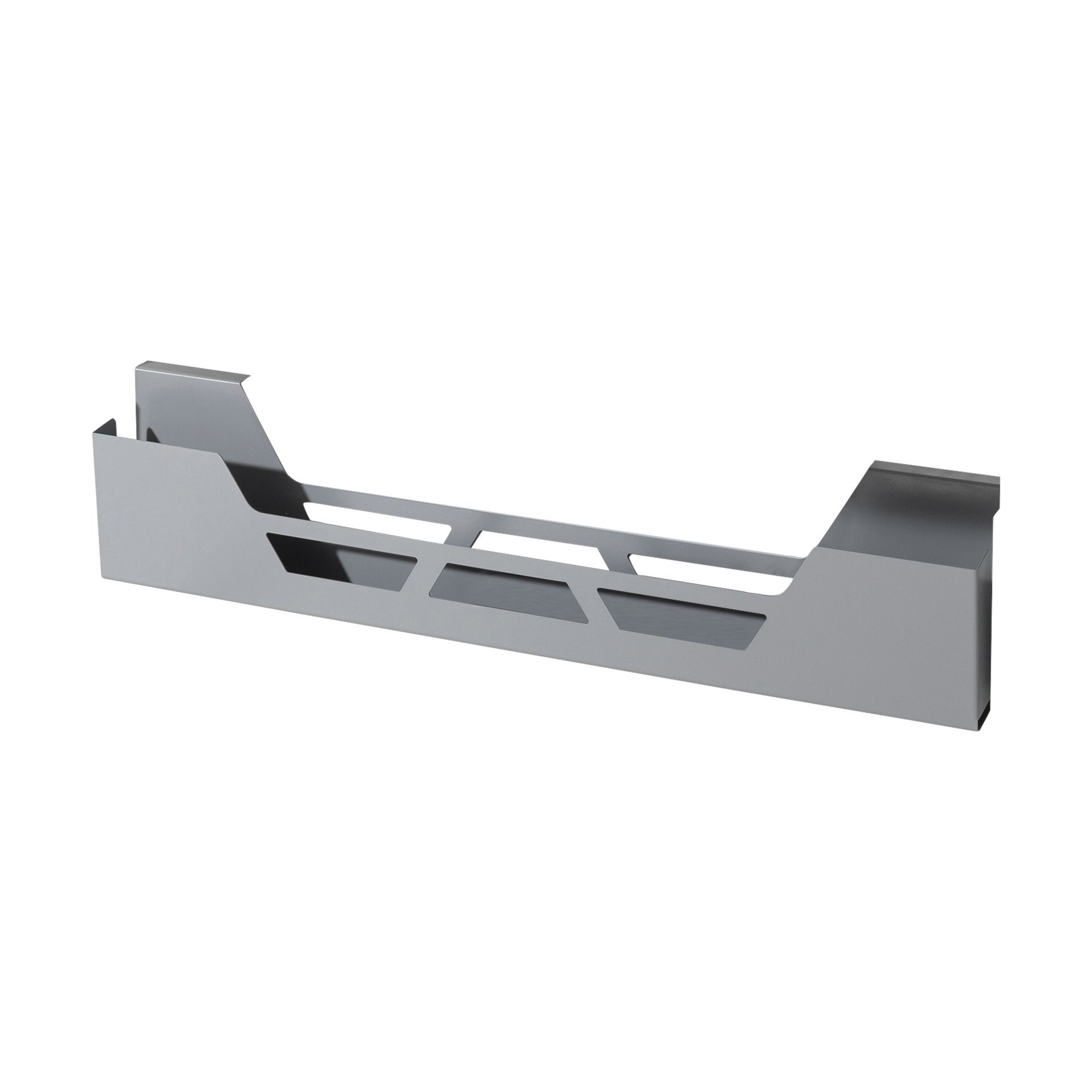 Gray metal wall-mounted shelf with an open geometric cut-out design.
