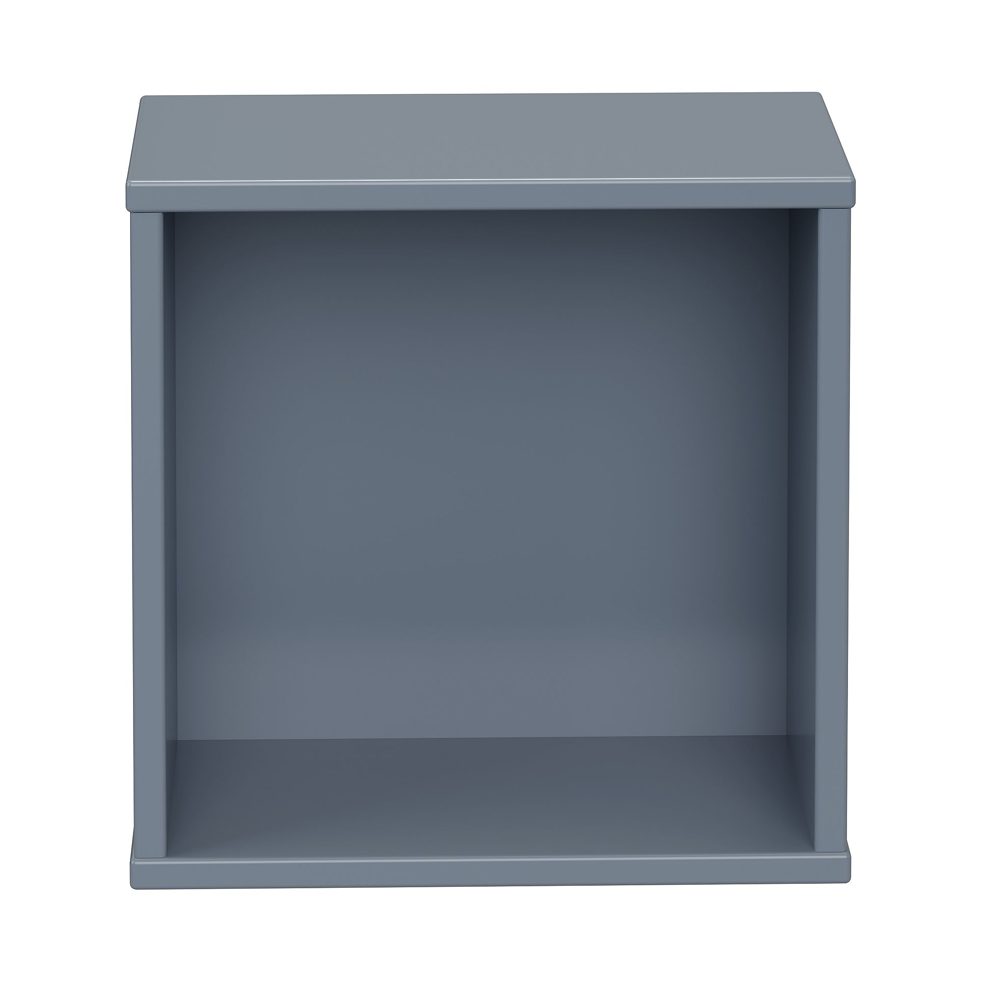 Wandregal  Wandbox  quadratisch in Mattblau Quadratischer, leerer blauer Regalwürfel von vorne gesehen vor weißem Hintergrund.