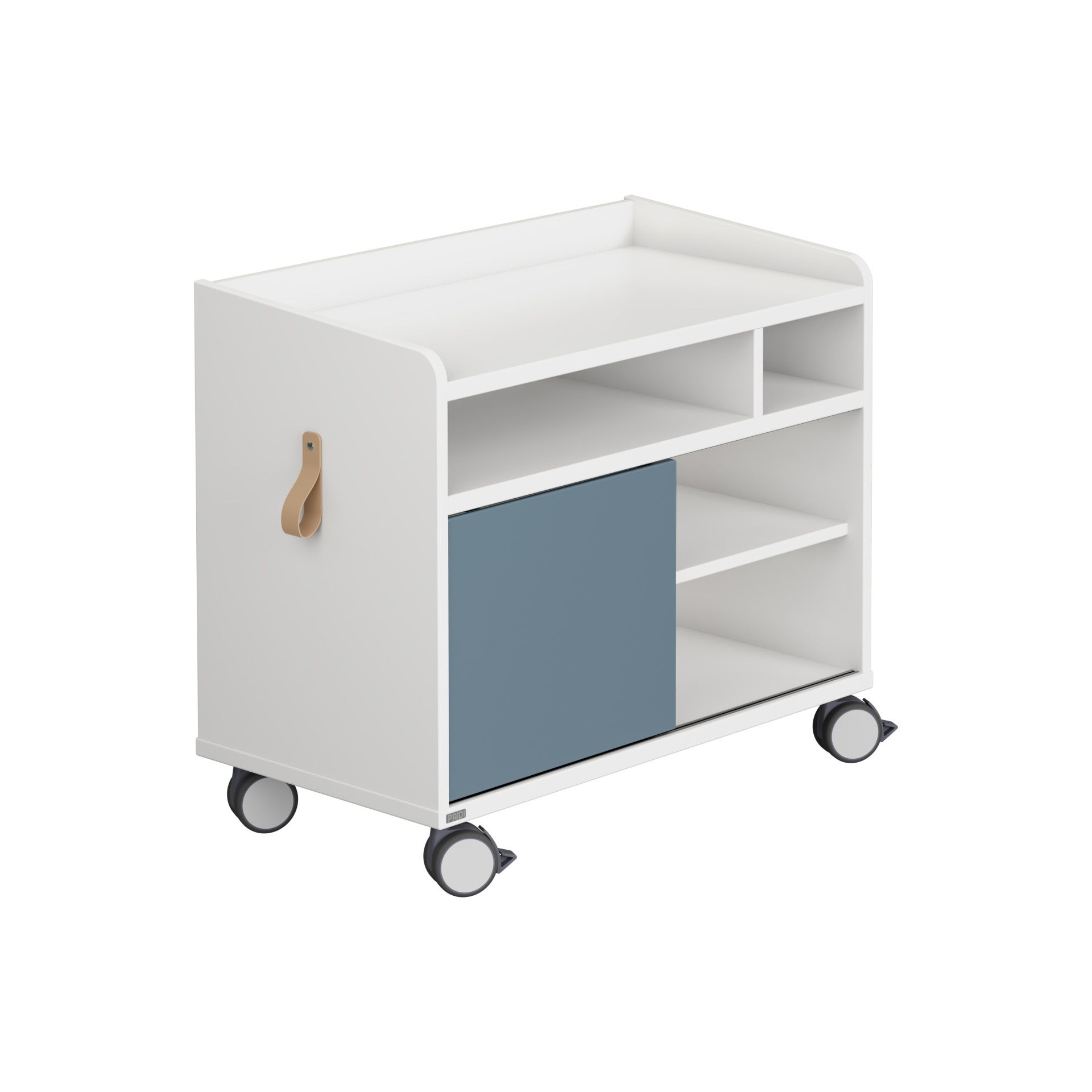 White rolling storage cart with shelves and a blue sliding door on wheels.