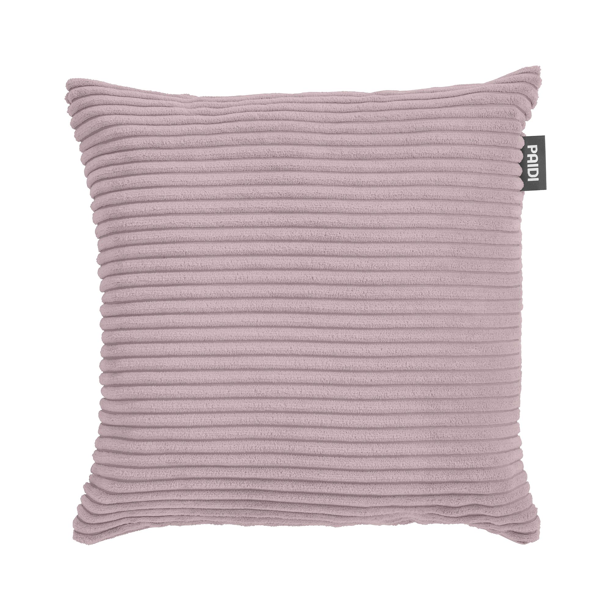 Viereckiges mauvefarbenes Rippenkissen mit einem Stoffetikett an der Seite.