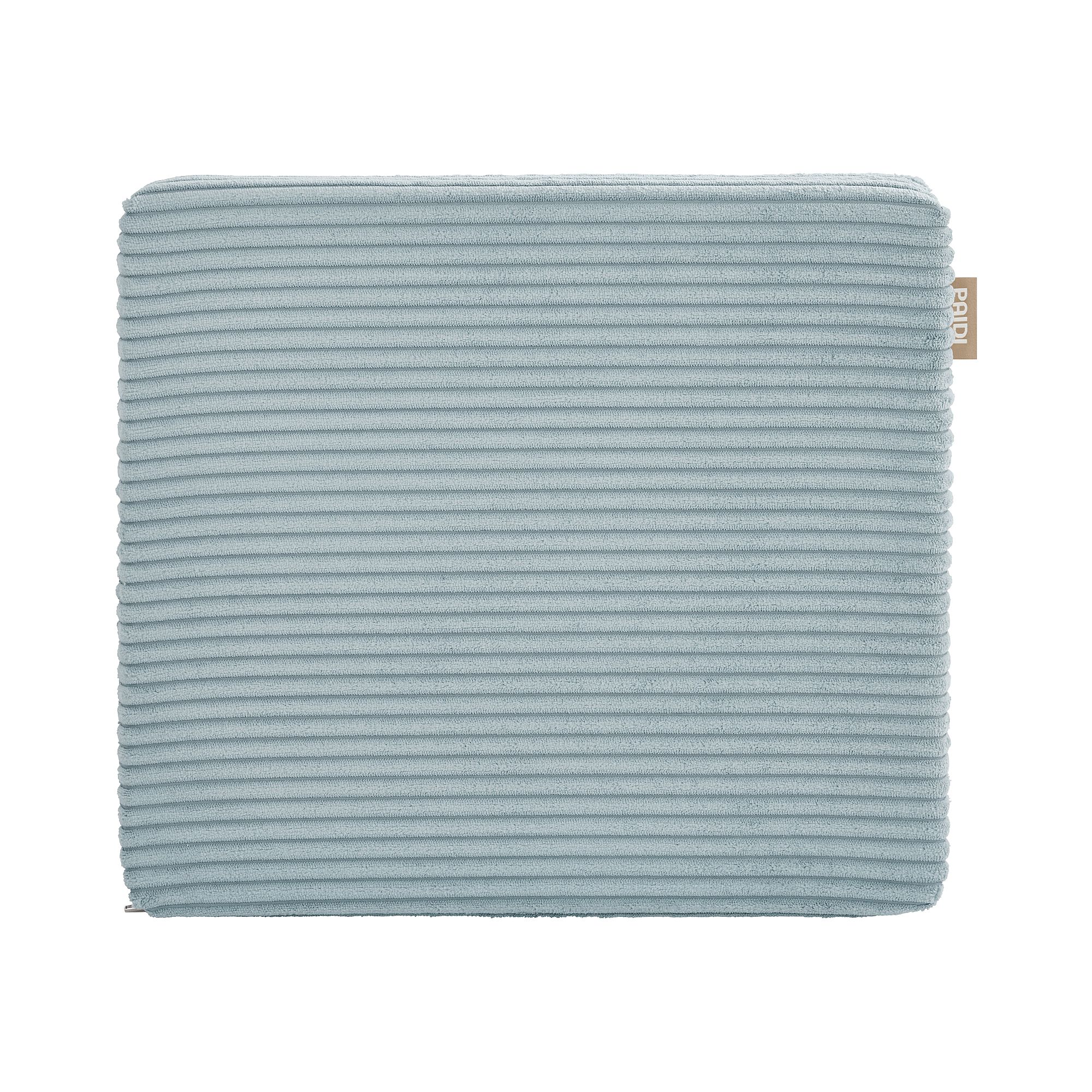 Quadratisches, hellblaues Kissen mit einer gerippten, kordähnlichen Struktur.