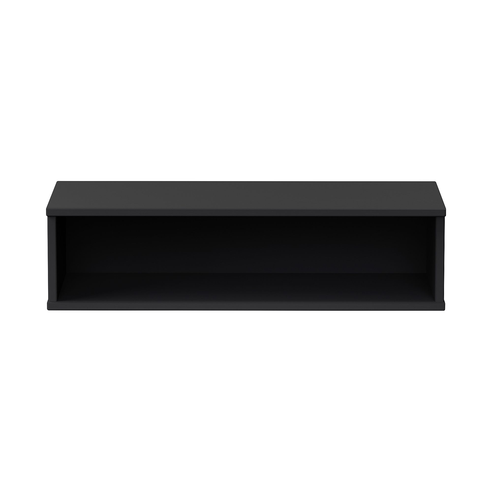 Wandregal  Wandbox  rechteckig lang in Naturschwarz Rechteckiges schwarzes Wandregal mit offener Front vor weißem Hintergrund.