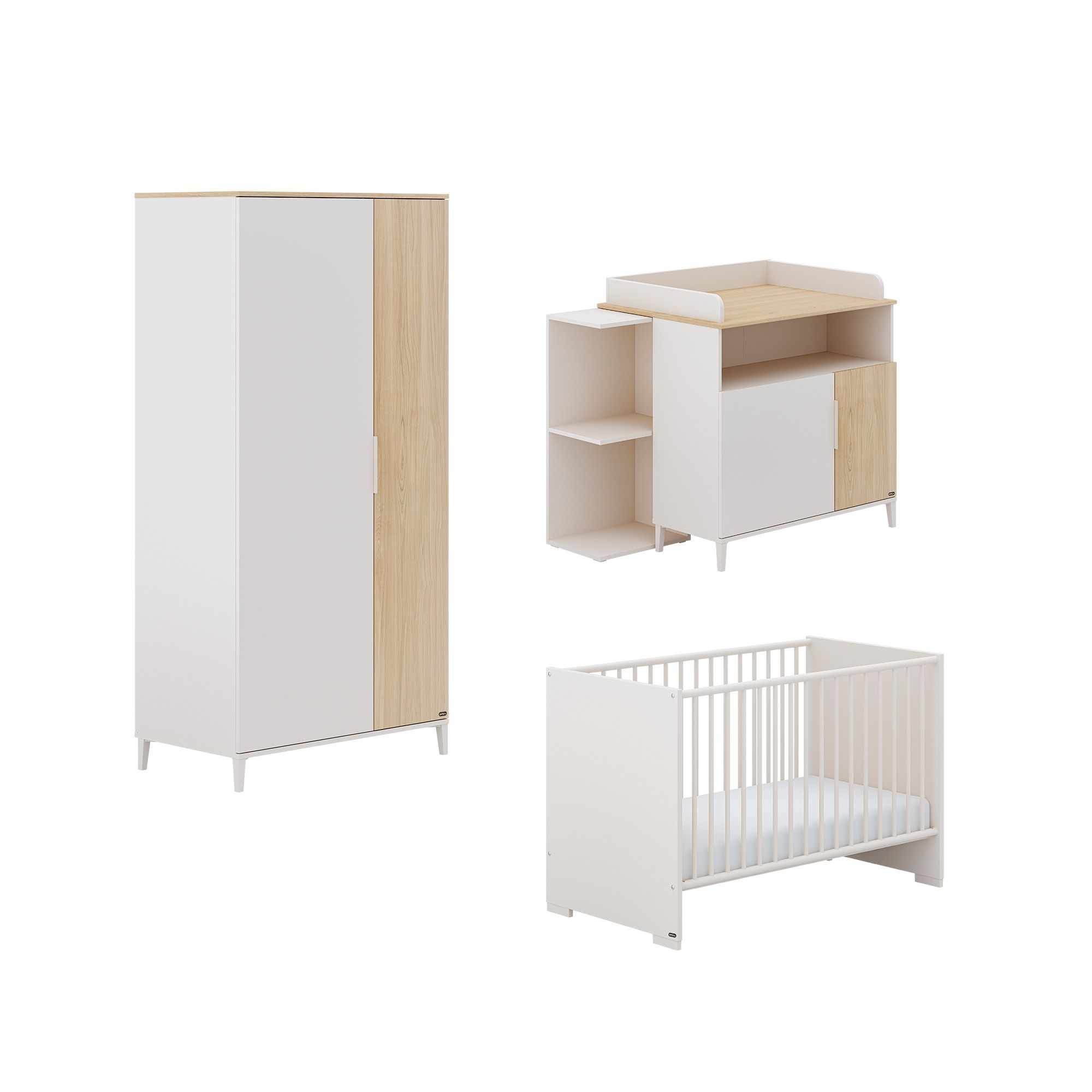 Babymöbelset aus weißem und hellem Holz: Kleiderschrank, Kinderbett und Wickeltisch.