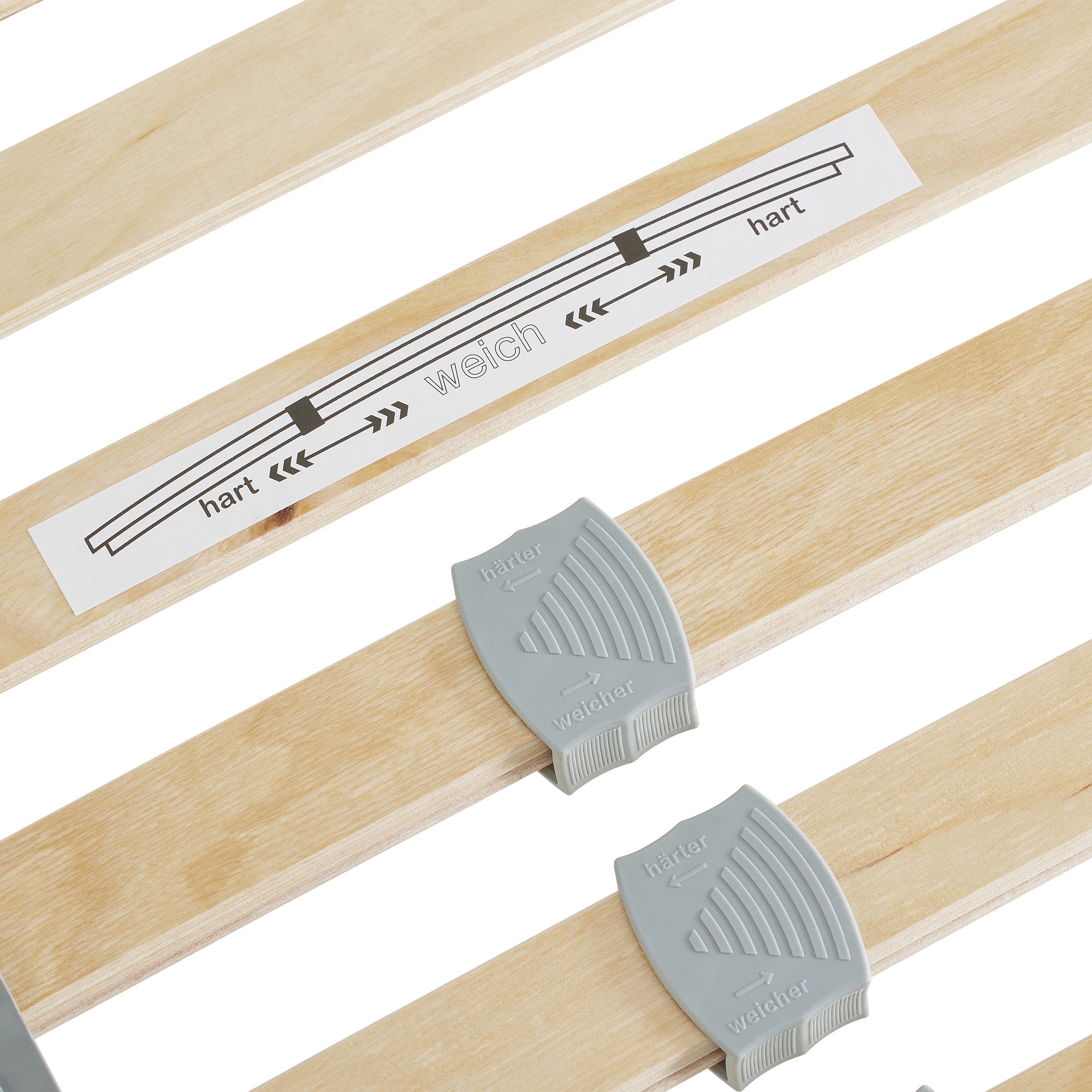 Lattenrost  Comfort mit Härteverstellung in 140 x 200 cm Holzlattenroste mit verstellbaren Schiebern, die auf Deutsch mit hart und weich beschriftet sind.