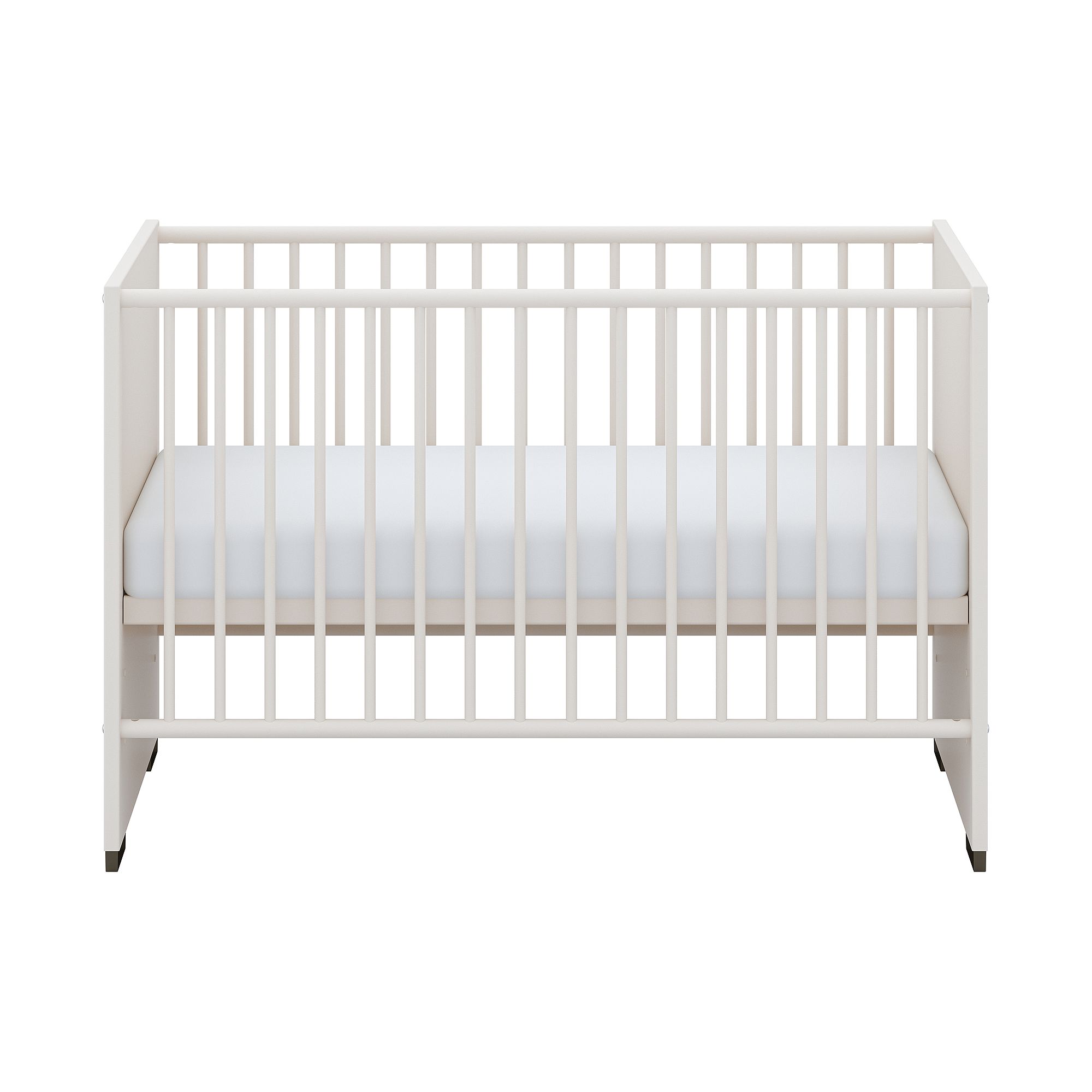 White baby crib with slatted sides and a plain mattress, viewed from the front.