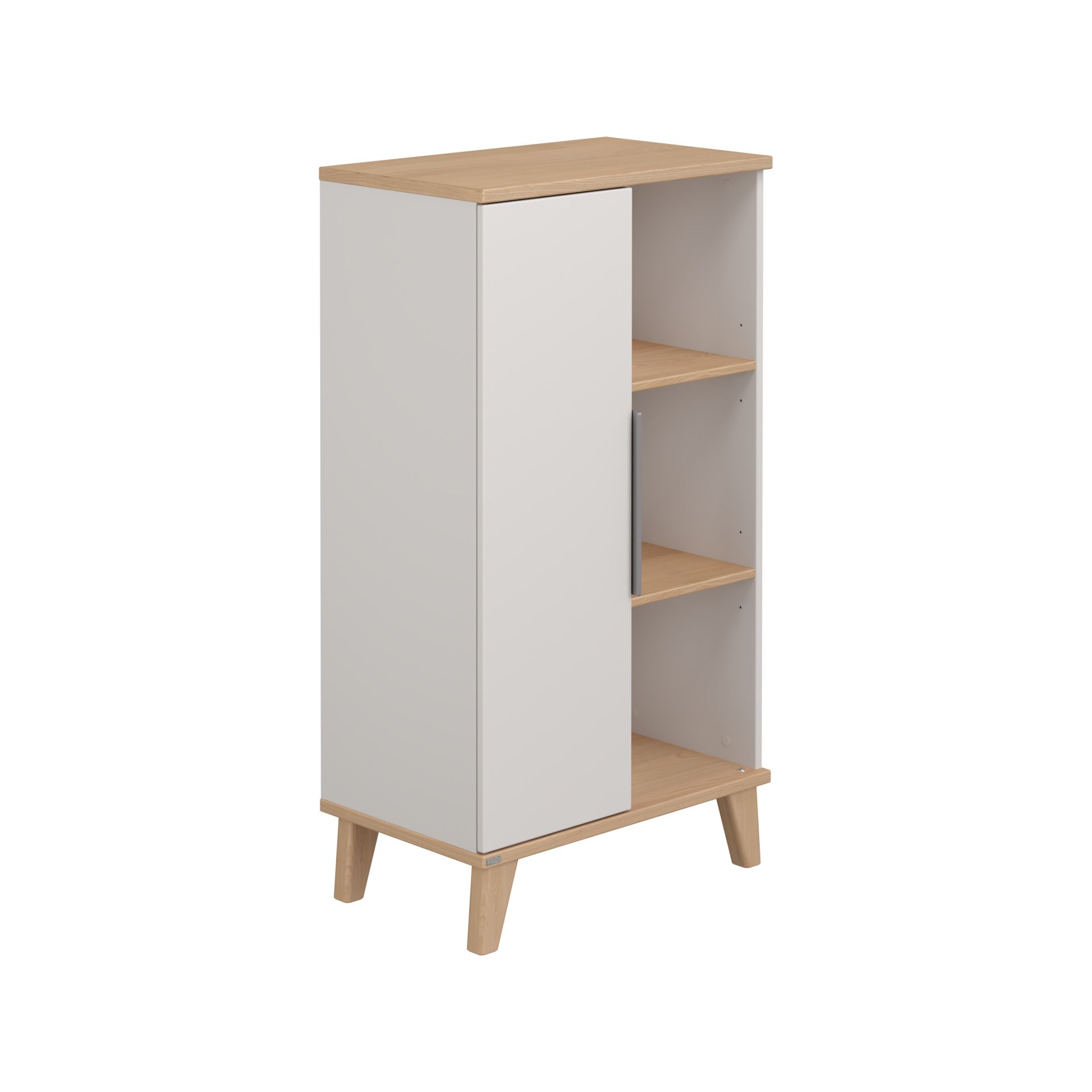 Modern wooden cabinet with one door and three open shelves on angled legs.
