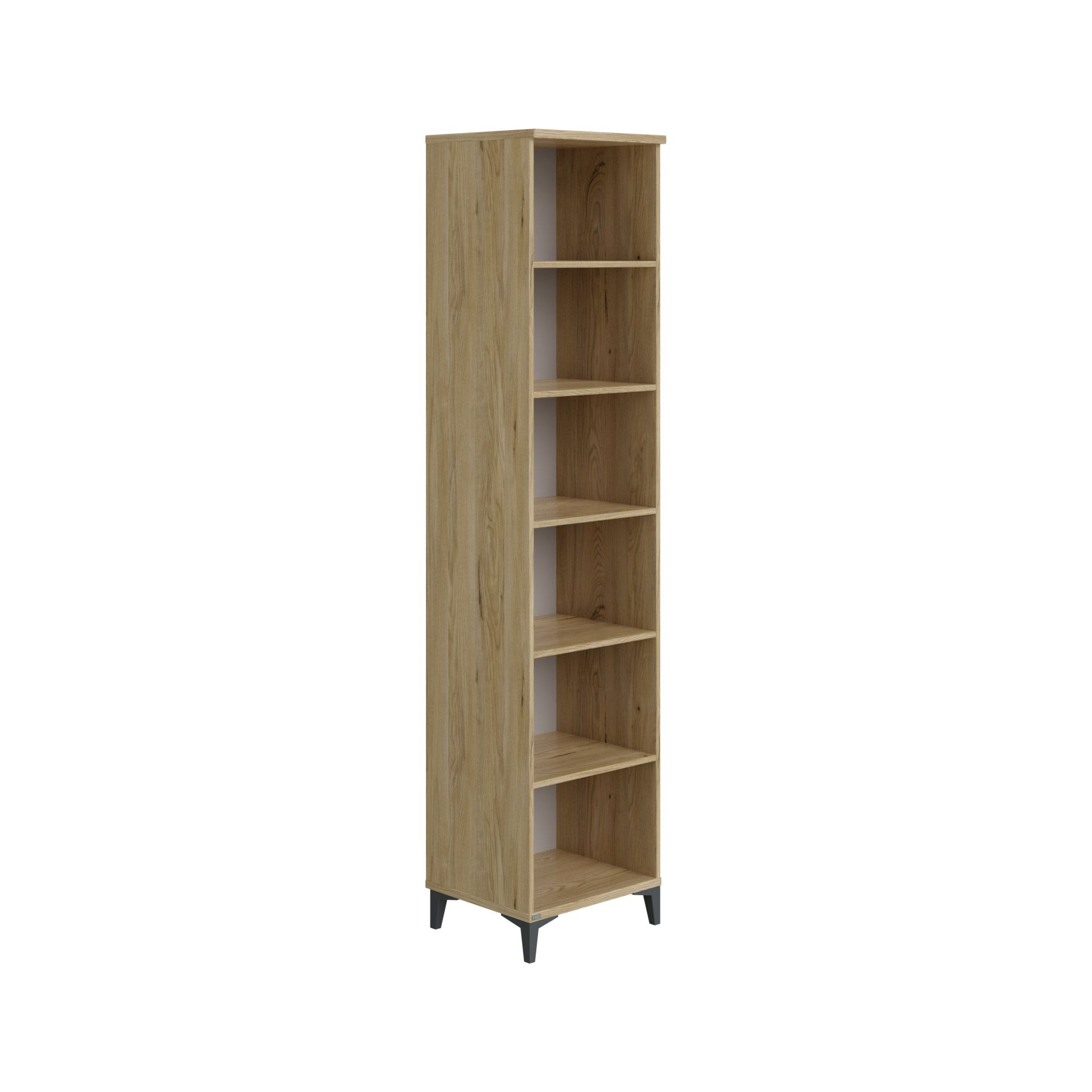 Hohes, schmales Bücherregal aus Holz mit fünf Einlegeböden und schwarzen Beinen auf weißem Hintergrund.