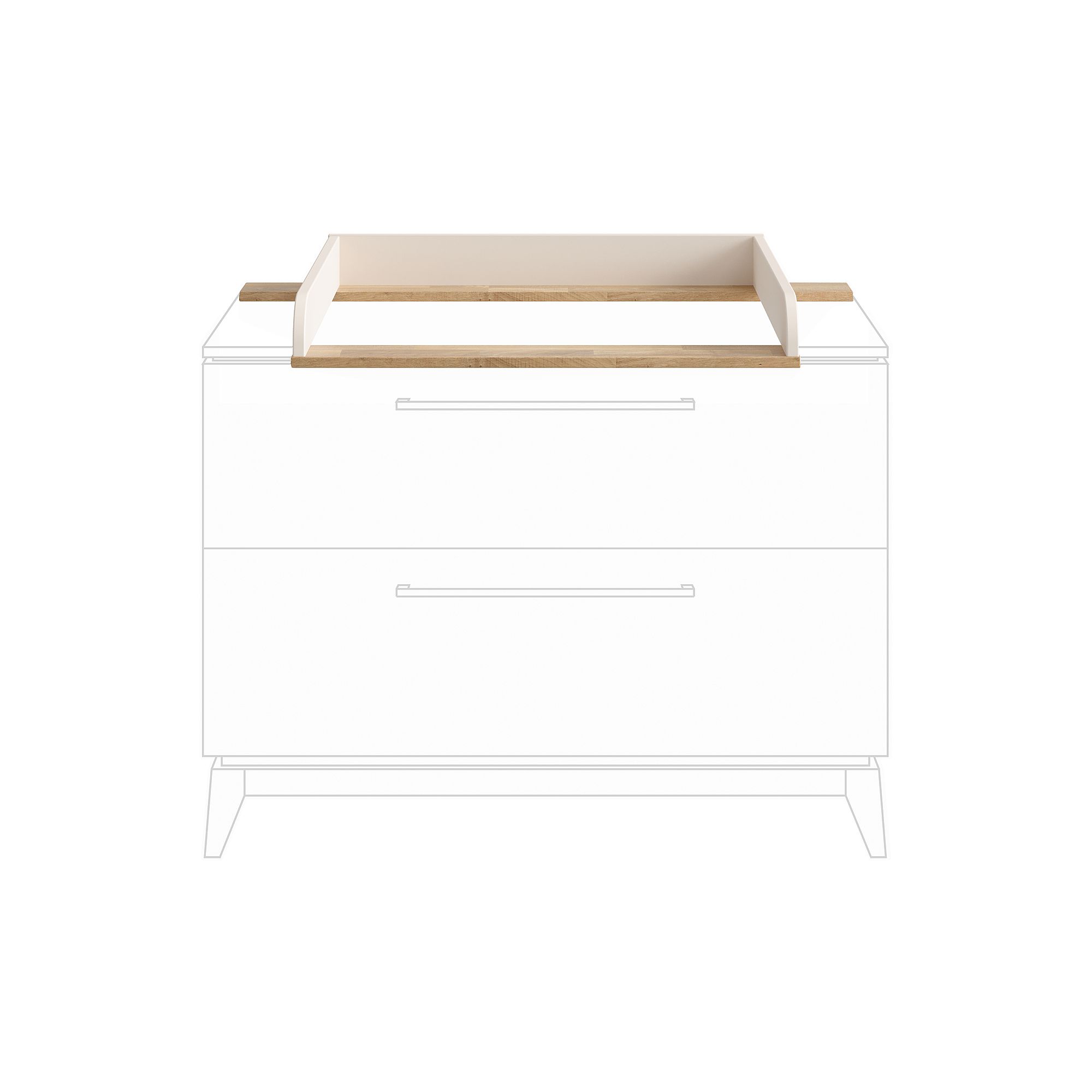 Weiße Kommode mit hölzernem Wickelaufsatz, von vorne gesehen.