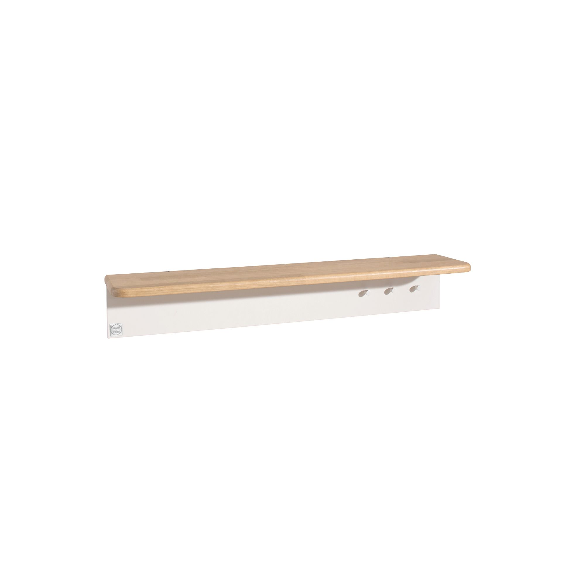 Wall-mounted white shelf with a wooden top and three metal hooks underneath.