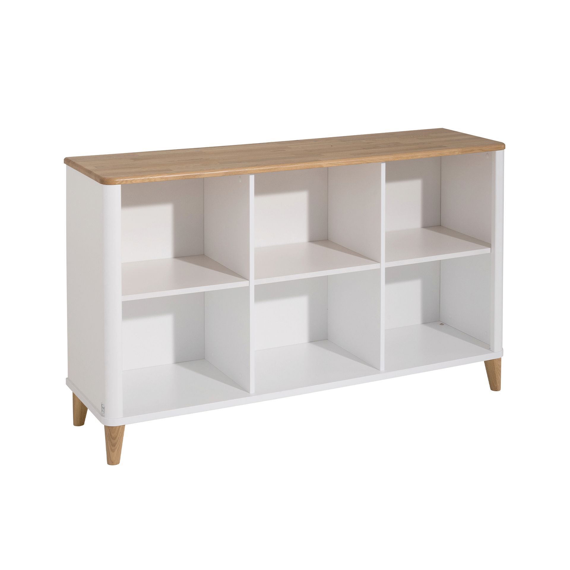 White storage shelf with six open cubbies and a wooden top and legs.