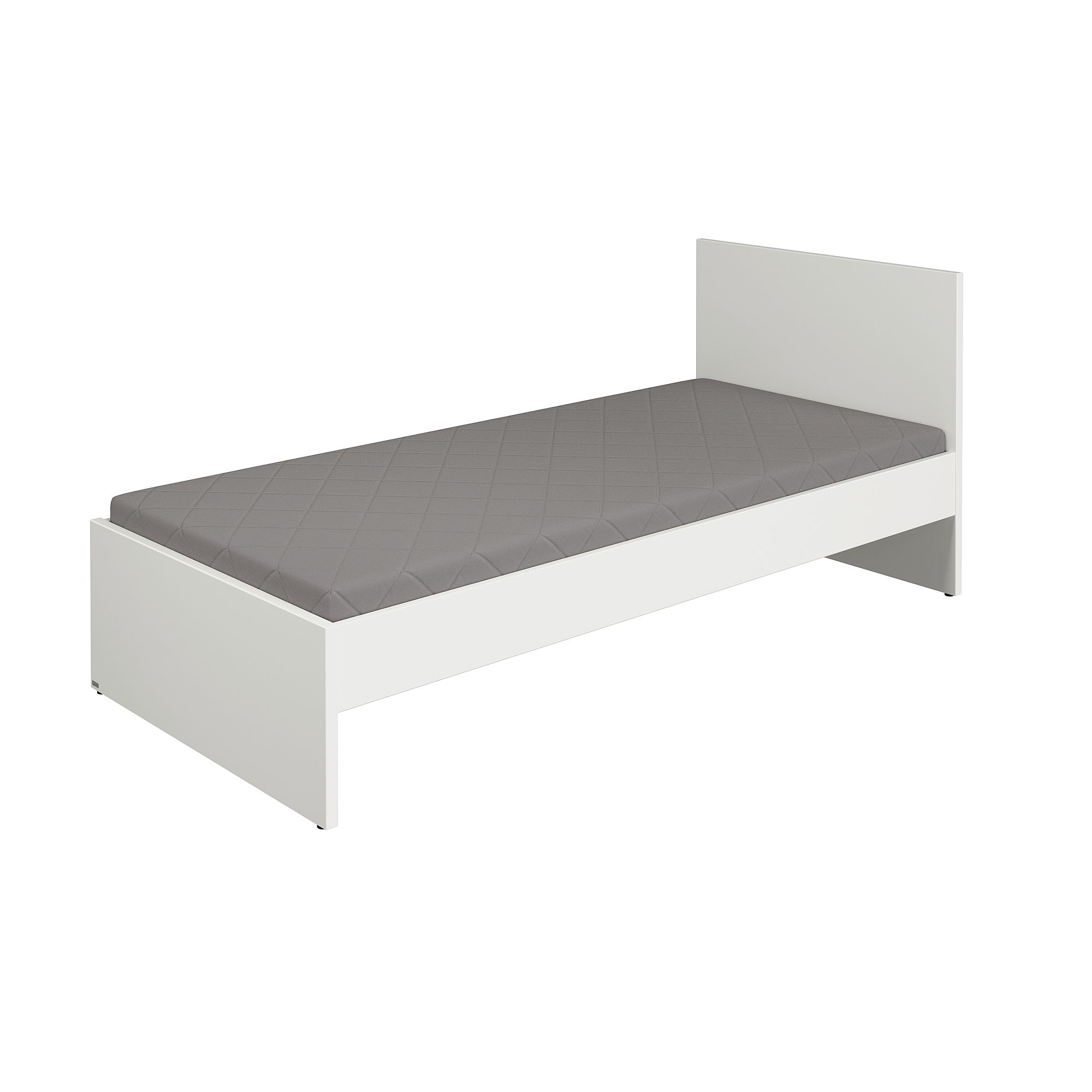 Weißes Einzelbettgestell mit einer grauen Matratze, von einem Winkel aus gesehen.