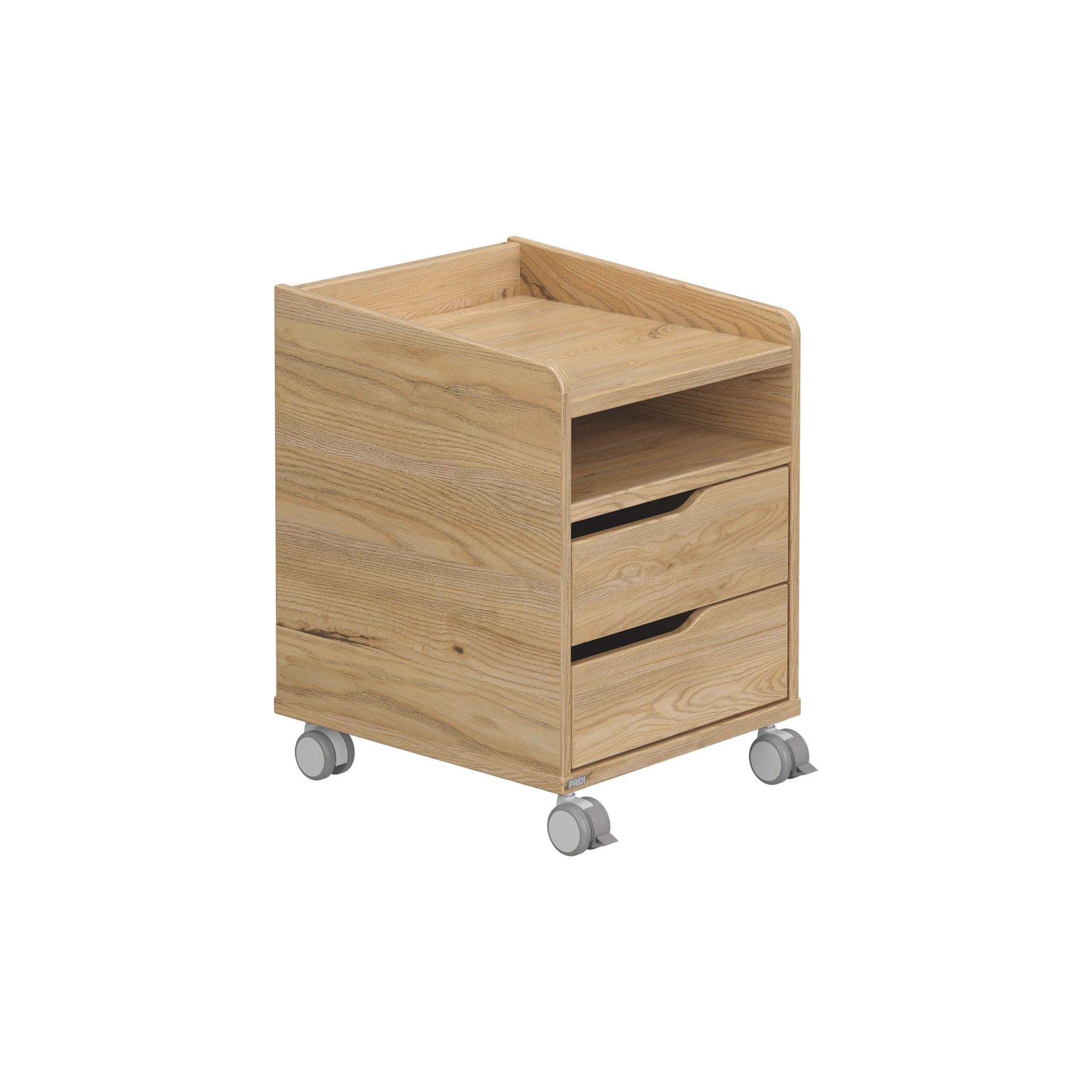 Rollcontainer  mit 2 Schubladen in Eiche-Montana Rollschrank aus hellem Holz mit zwei Schubladen und einem offenen Regal auf Rädern.