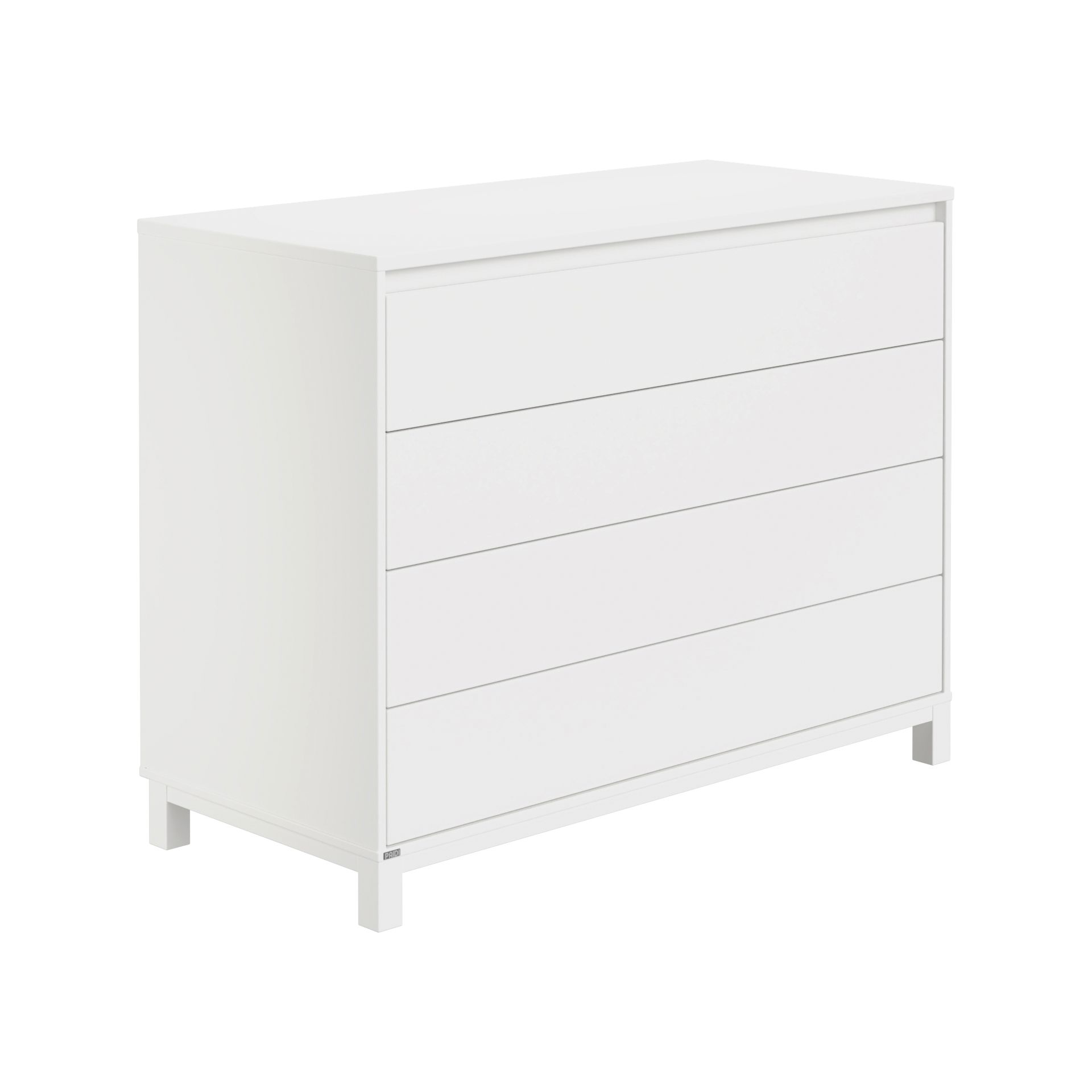 Weiße, moderne Kommode mit vier Schubladen auf kurzen Beinen, abgebildet auf weißem Hintergrund.