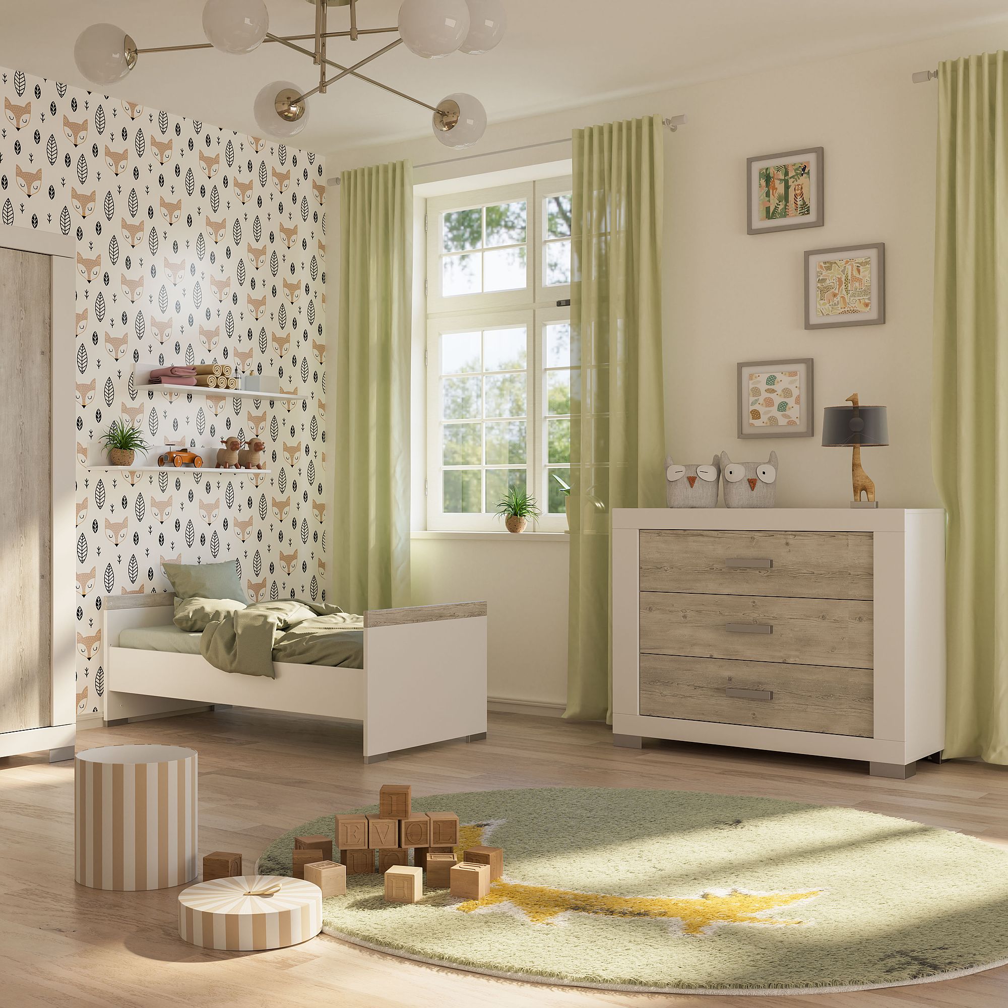 Helles und gemütliches Kinderzimmer mit einem Bett, einer Kommode und verspielten Dekoelementen.