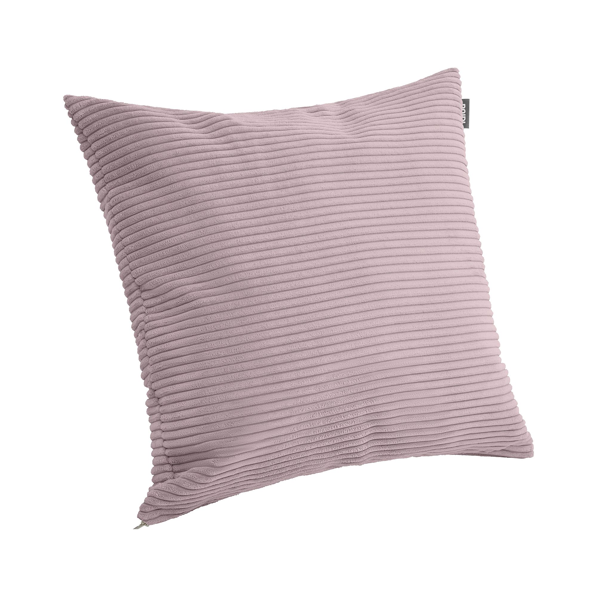 Quadratisches, hellviolettes Rippenkissen mit dezentem Strukturmuster.