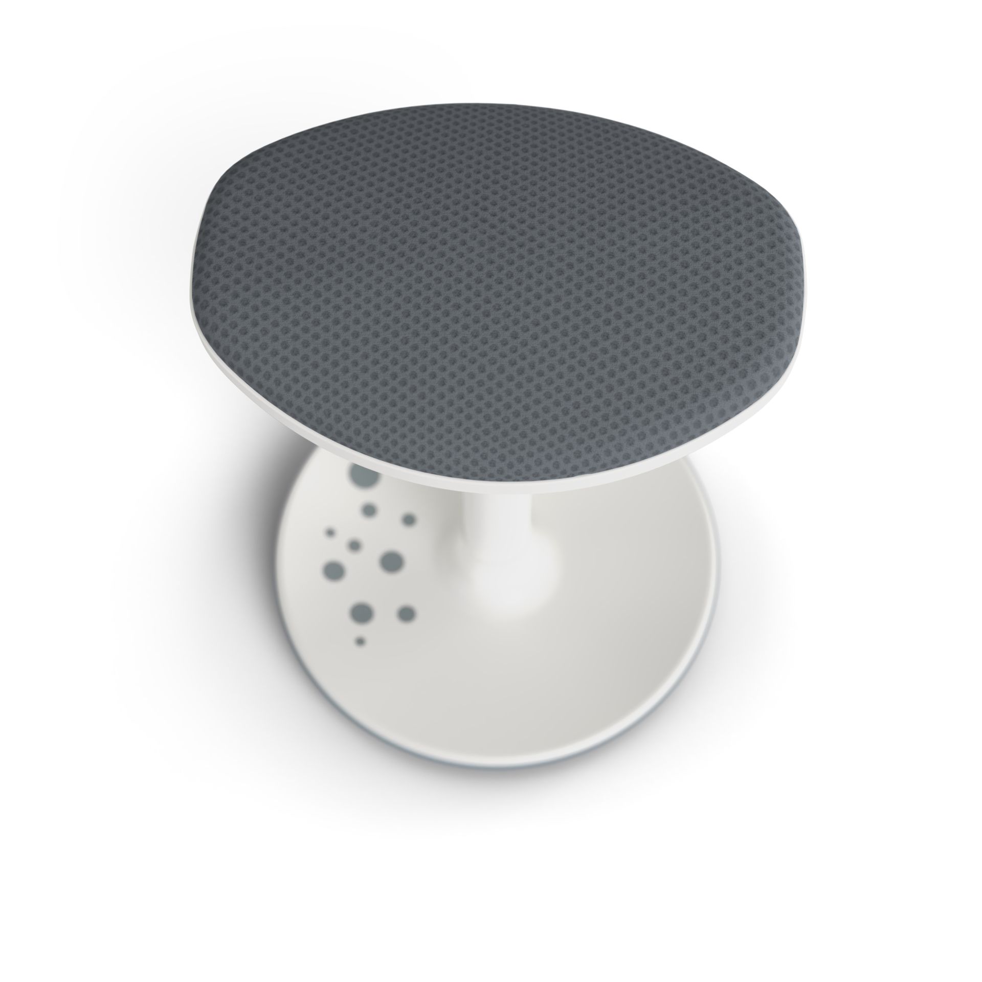 Ein moderner, grau gepolsterter Hocker mit weißem Sockel und kreisförmigem Muster.