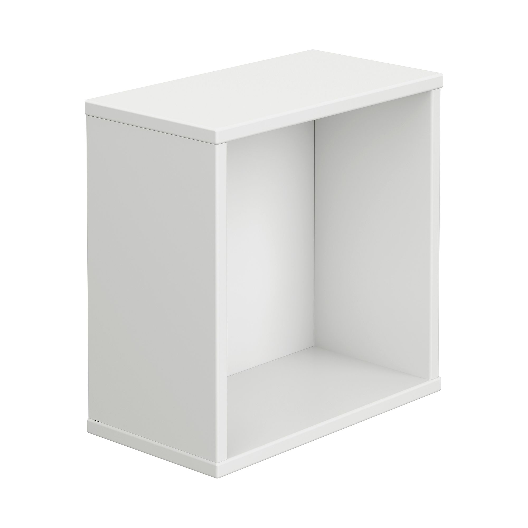 White rectangular open shelf unit with no doors or dividers, against white background.