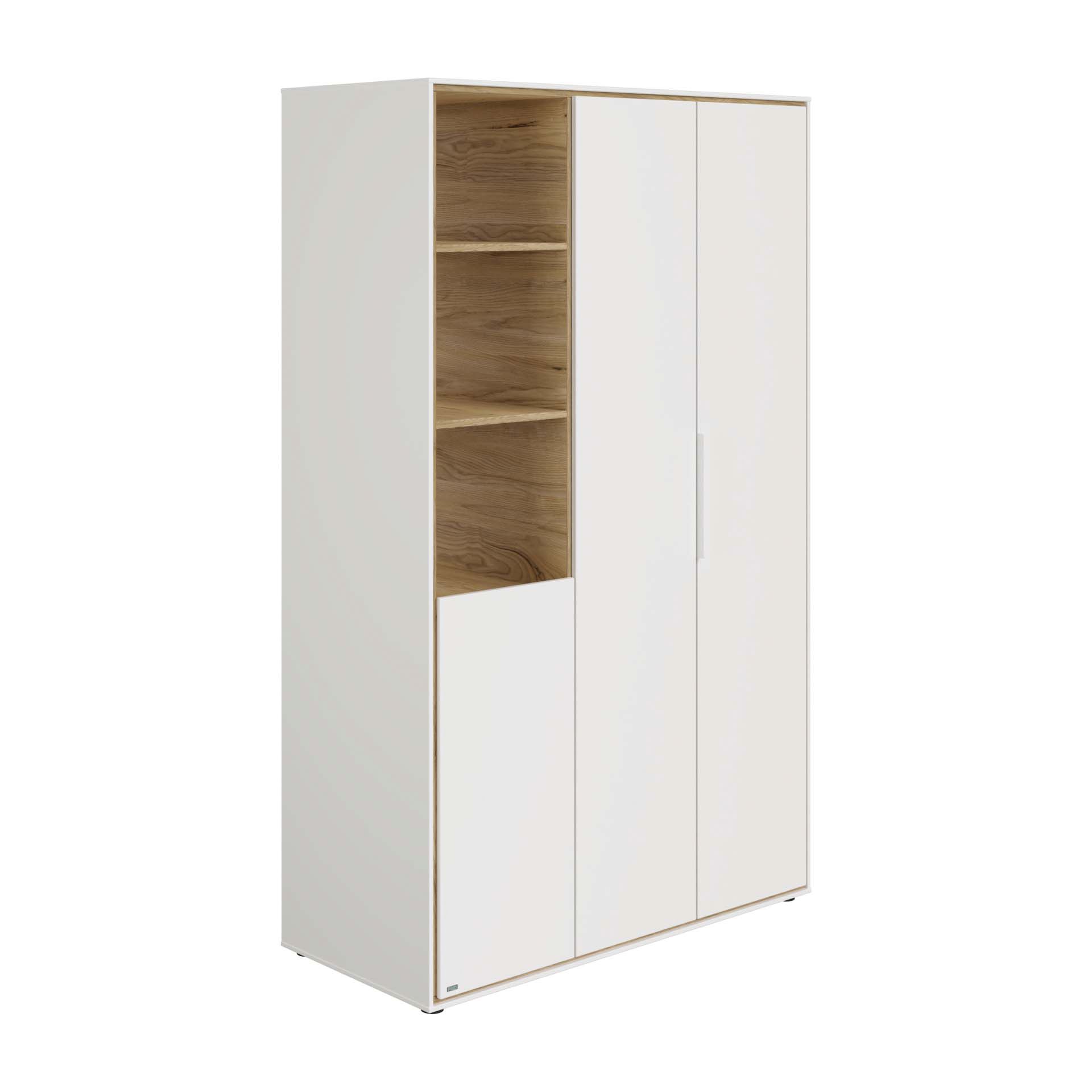 Weißer Kleiderschrank mit zwei Türen und offenen Holzregalen auf der linken Seite.