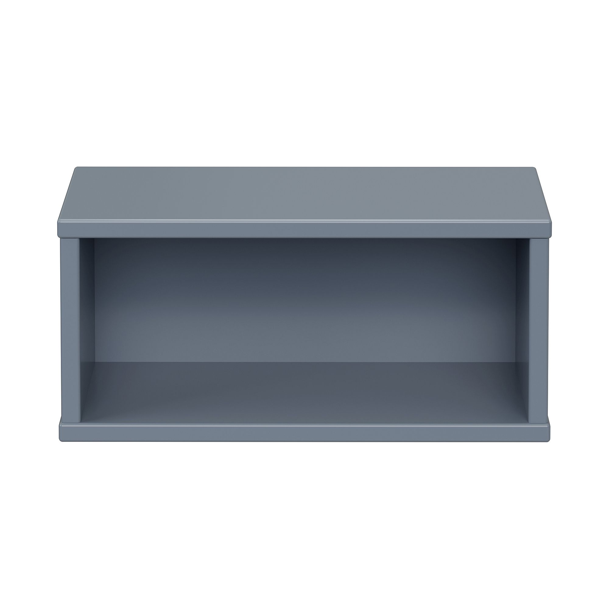 Wandregal  Wandbox  rechteckig  in Mattblau Ein rechteckiges, nach vorne offenes, graues Regal auf weißem Hintergrund.