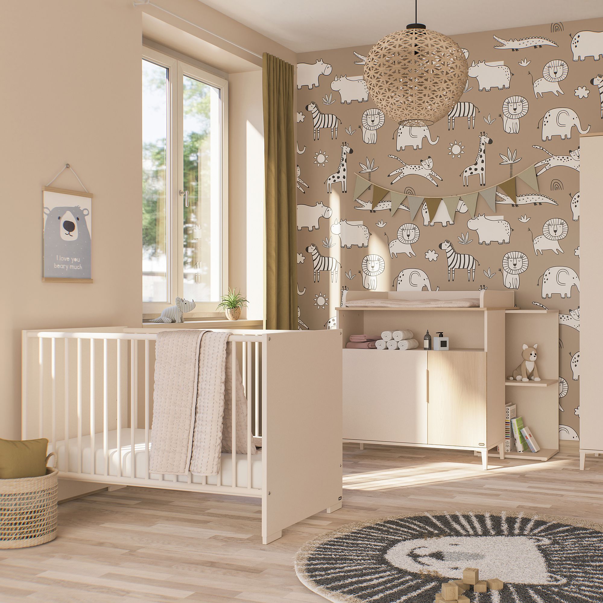Modernes beiges Kinderzimmer mit Tiertapete, Kinderbett, Regalen und natürlichem Licht.