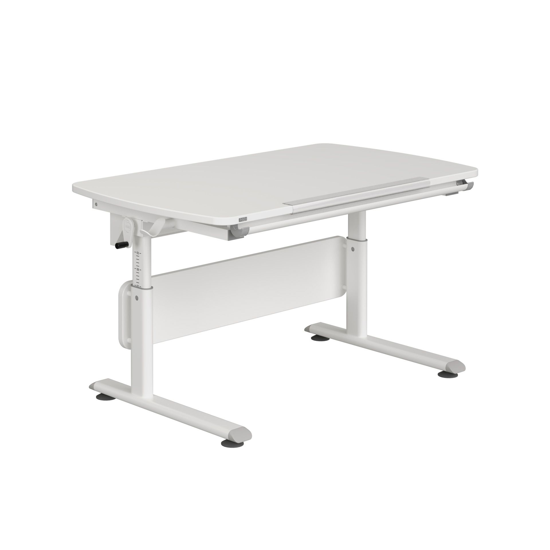 White adjustable-height desk with a flat top and metal legs, shown on a white background.