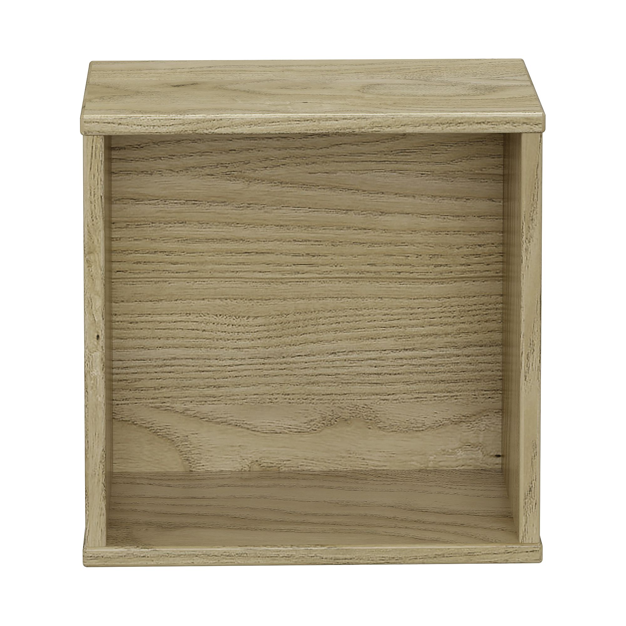 Square wooden box shelf with open front and visible wood grain pattern.
